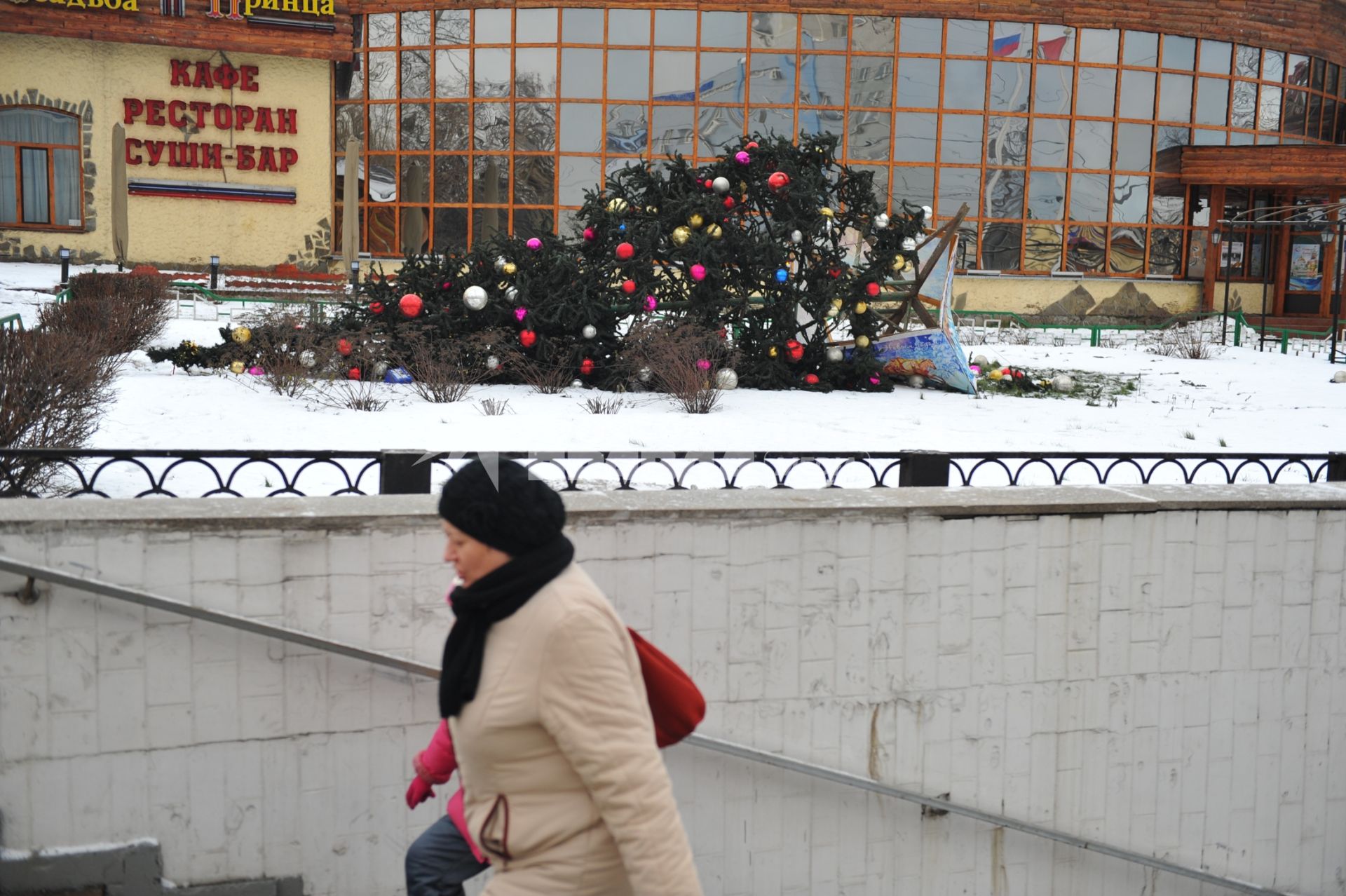 Праздничная Москва. Упавшая новогодняя елка у ресторана УСАДЬБА ПРИНЦА на Каширском шоссе. 28 декабря 2011 года.