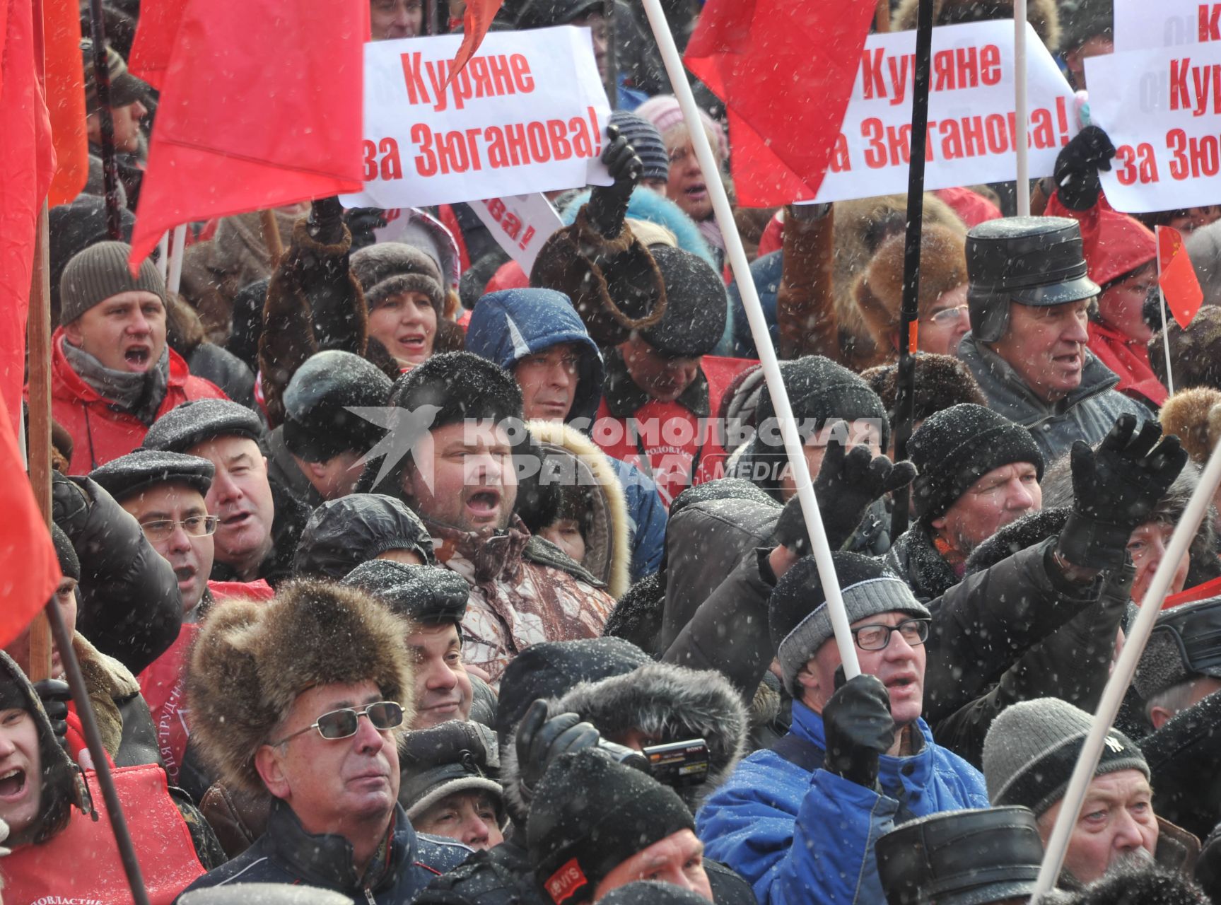 Во время митинга КПРФ  ЗА ДОСТОЙНУЮ ЖИЗНЬ И ЧЕСТНЫЕ ВЫБОРЫ  на Манежной площади. На снимке: женщина держит плакат КУРЯНЕ ЗА ЗЮГАНОВА! 21 января 2012 года.