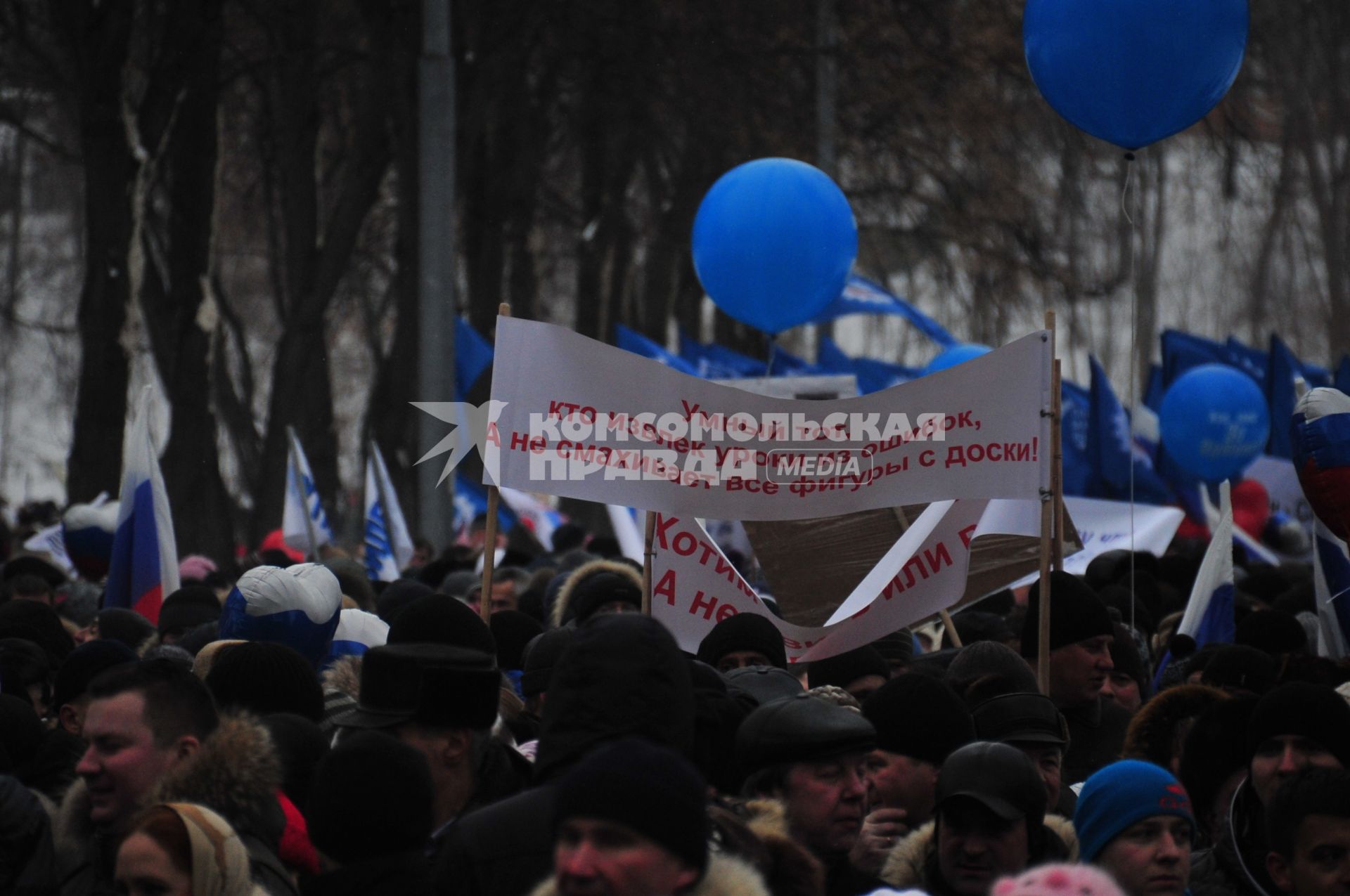 Спорткомплекс `Лужники`. Митинг `Защитим страну!` в поддержку кандидата в президенты России Владимира Путина. На снимке: участники митинга с плакатами.