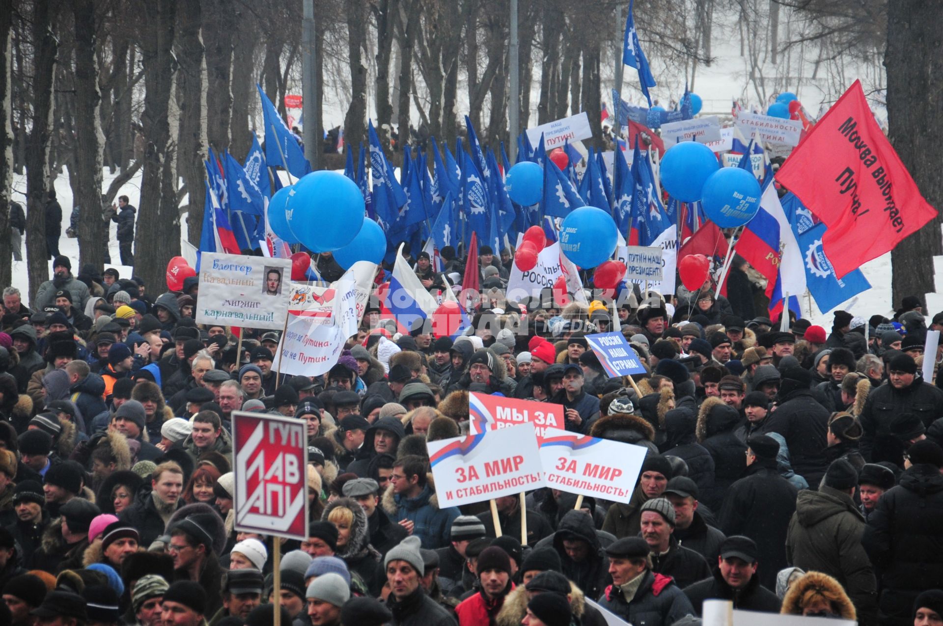 Спорткомплекс `Лужники`. Митинг `Защитим страну!` в поддержку кандидата в президенты России Владимира Путина. На снимке: участники митинга с плакатами.