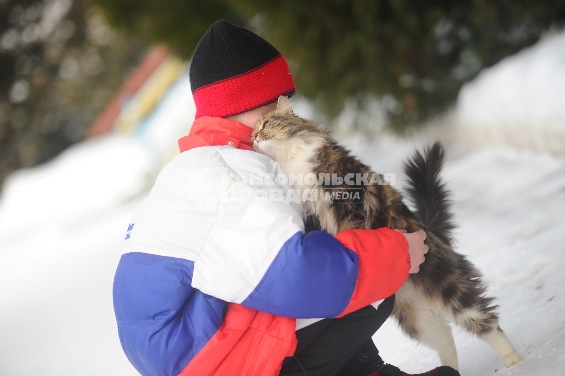 Мальчик с кошкой на улице, кубок мэра Москвы по лыжному туризму среди учащихся коррекционных школ города Москвы, 18 февраля 2012 года