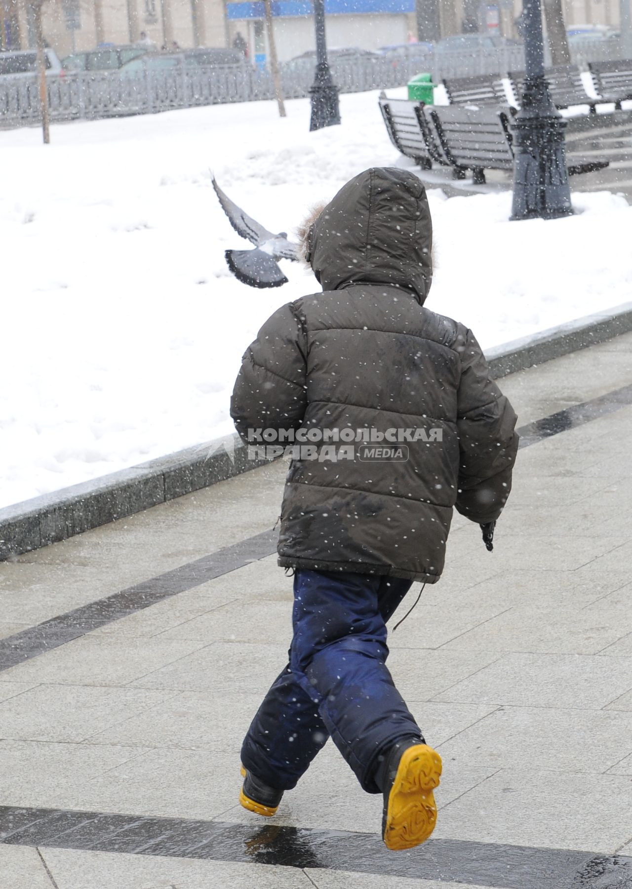 Мальчик гоняет голубей.