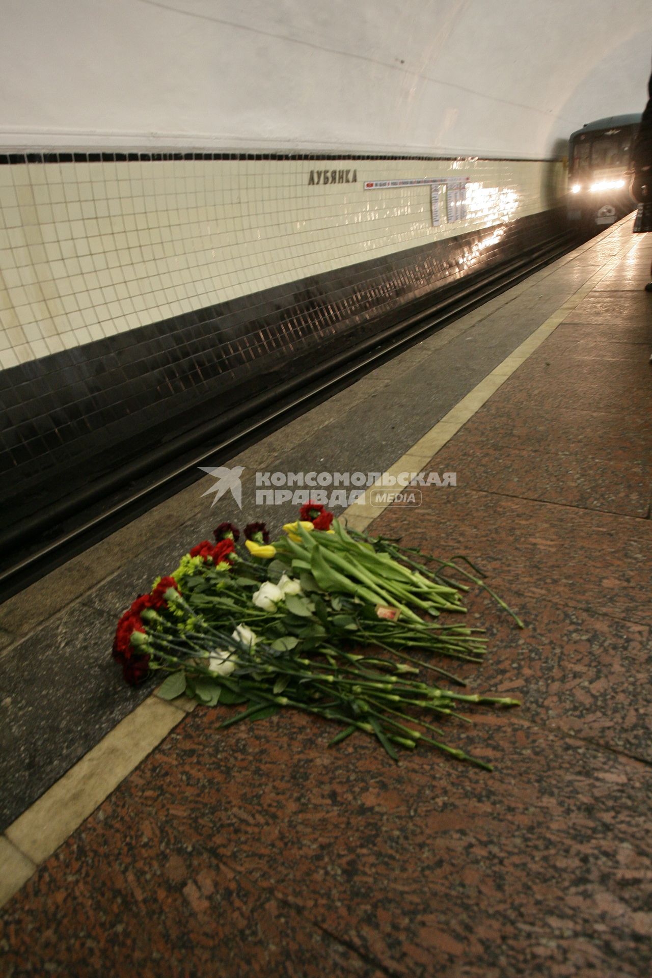 Возложение цветов к месту гибели пассажиров, погибших в результате террористического взрыва на станции метро `Лубянка` 29 марта 2010 года.