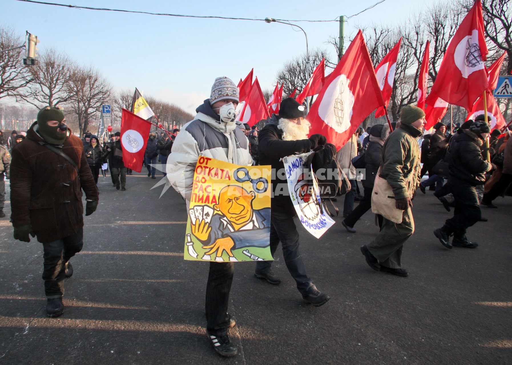 Митинг за честные выборы. Мужчина в маске с пяточком на шее которого висит плакат: `От отката до распила`.