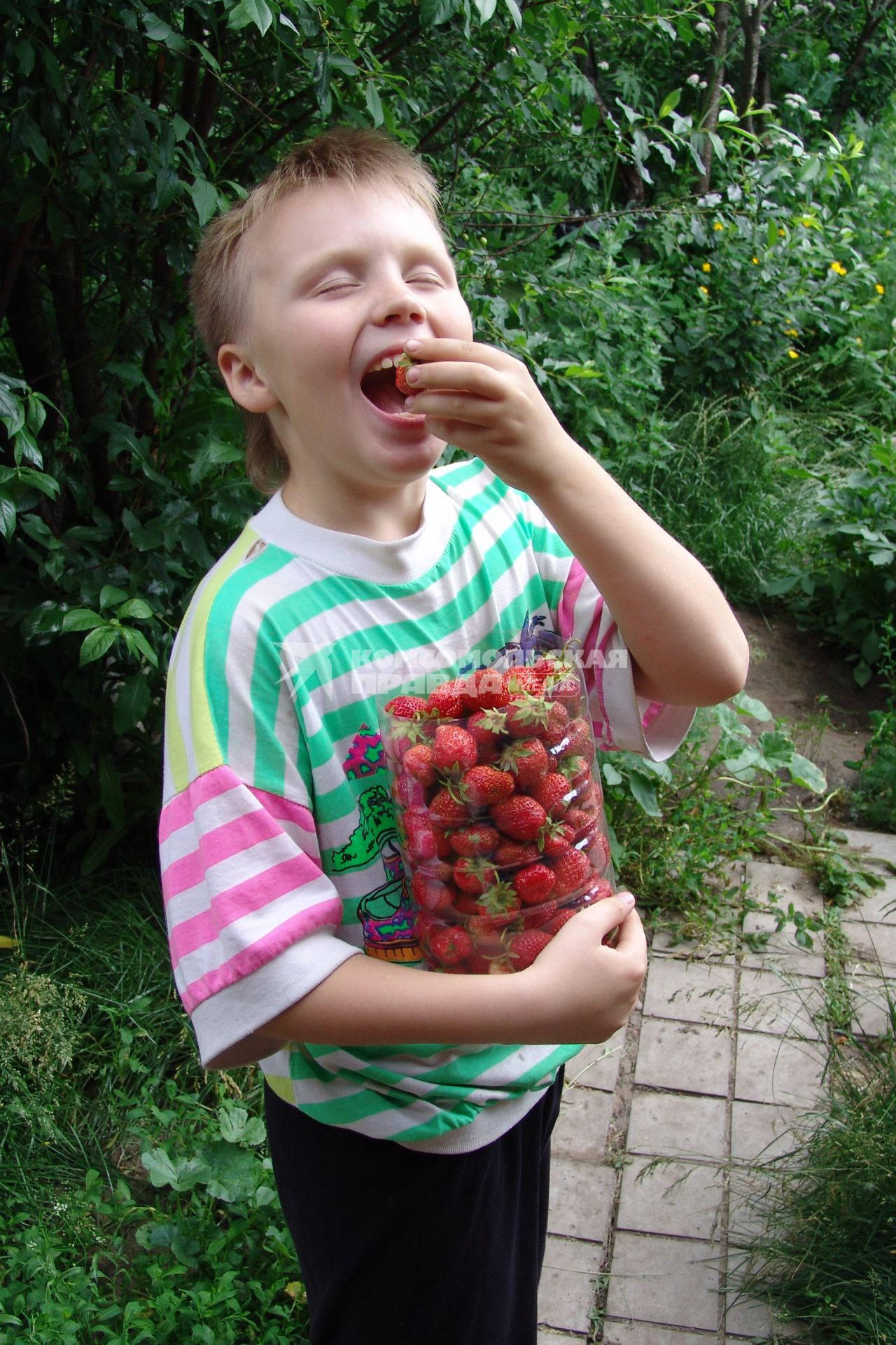 Мальчик с удовольствием ест клубнику.