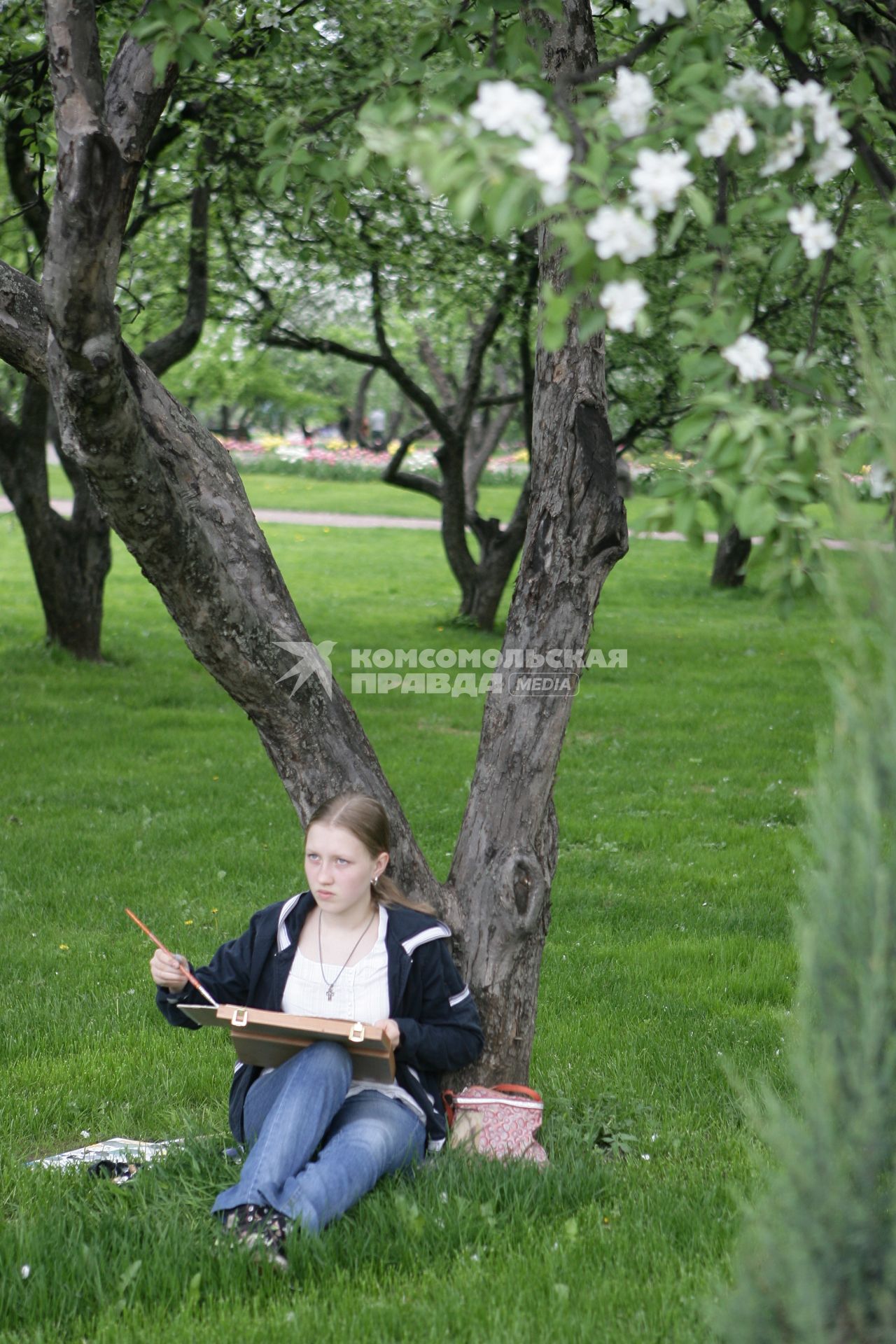 Музей-заповедник `Коломенское`. На снимке: девушка рисует в яблоневом саду.