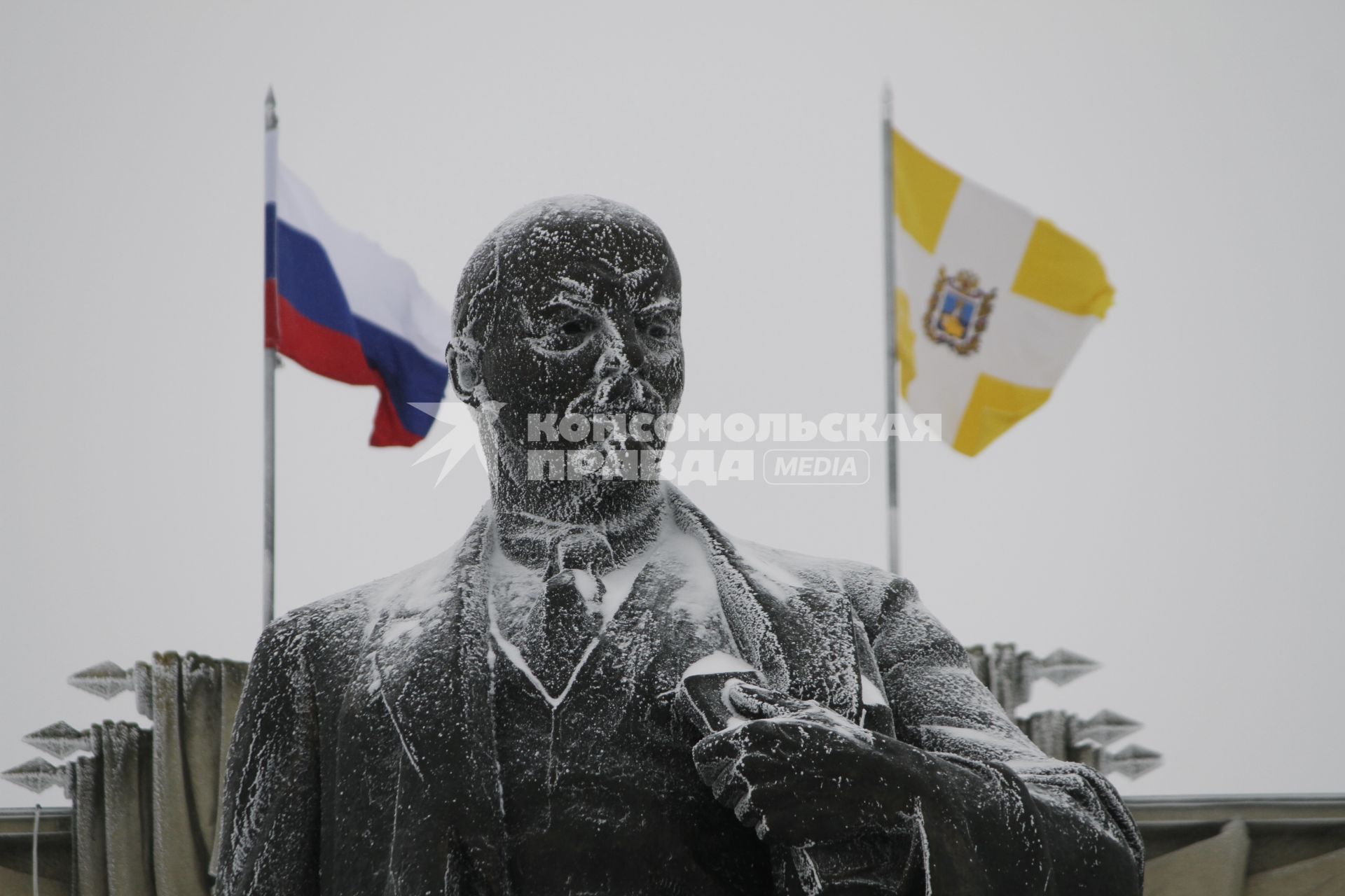 В Ставрополе прошел митинг в поддержку Владимира Путина. На снимке: замерзшая статуя Ленина.