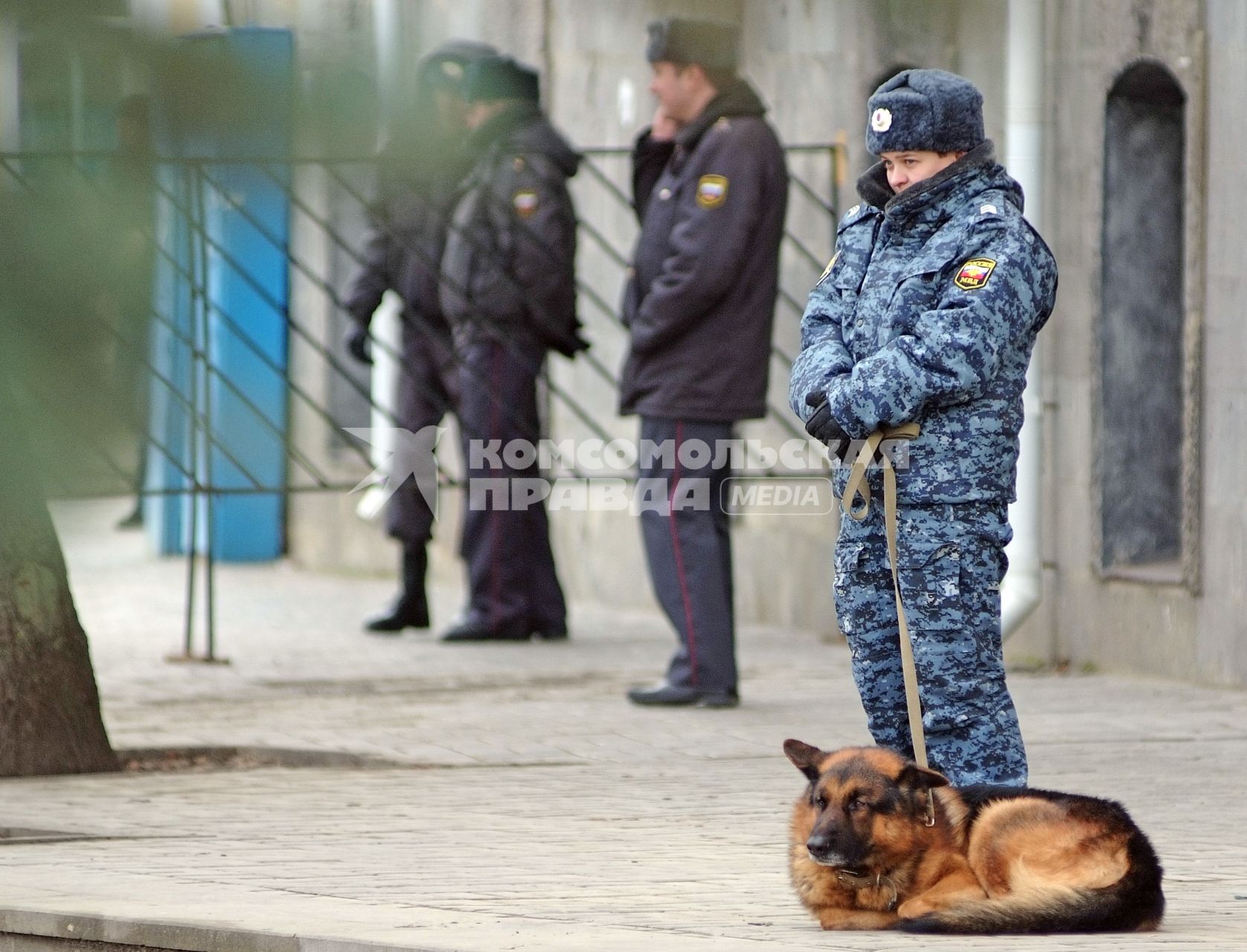 Полицейский кинолог несет дежурство вместе со своей собакой.