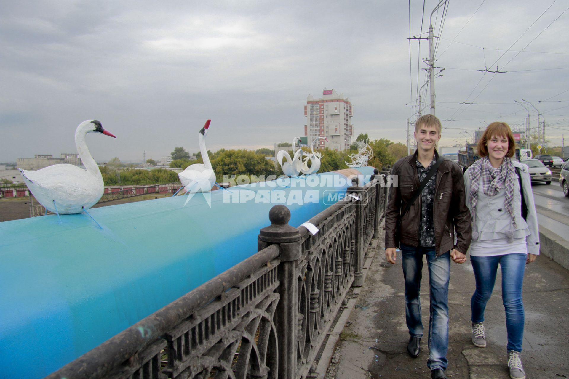 Автомобильный мост на проспекте Ленина в Барнауле, на перилах моста расположилась скульптурная группа лебедей.