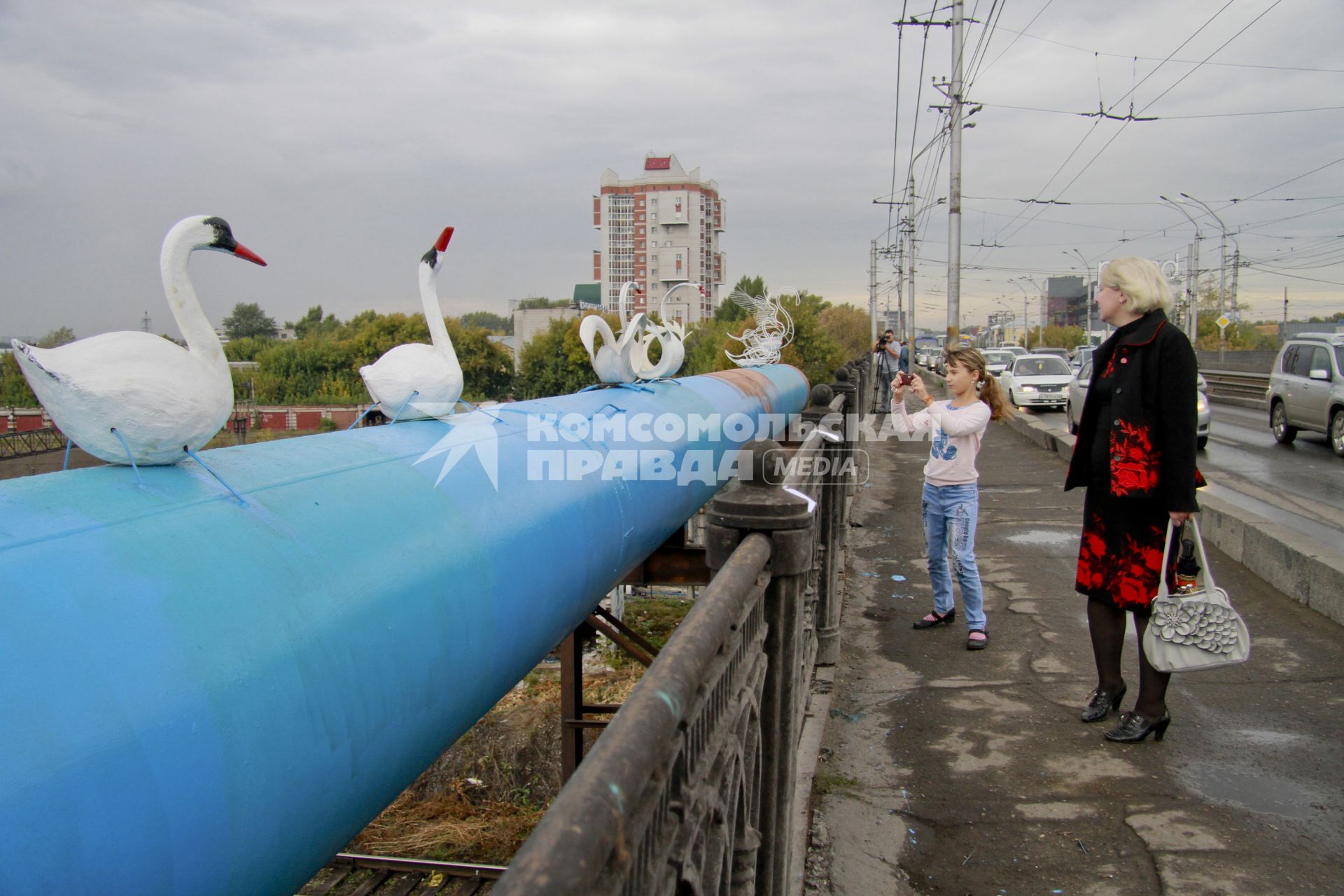 Автомобильный мост на проспекте Ленина в Барнауле. Девочка фотографирует рукотворных лебедей на перилах моста.