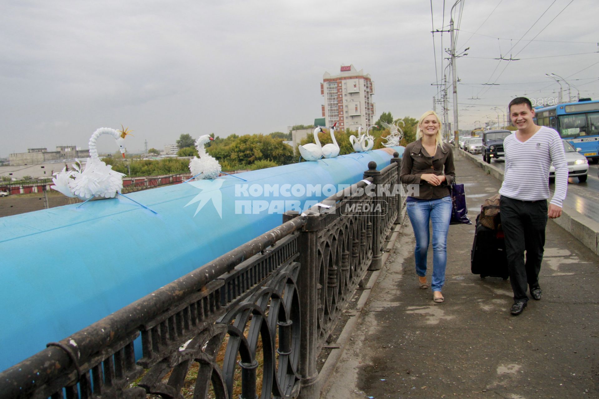 Автомобильный мост на проспекте Ленина в Барнауле, на перилах моста расположилась скульптурная группа лебедей.