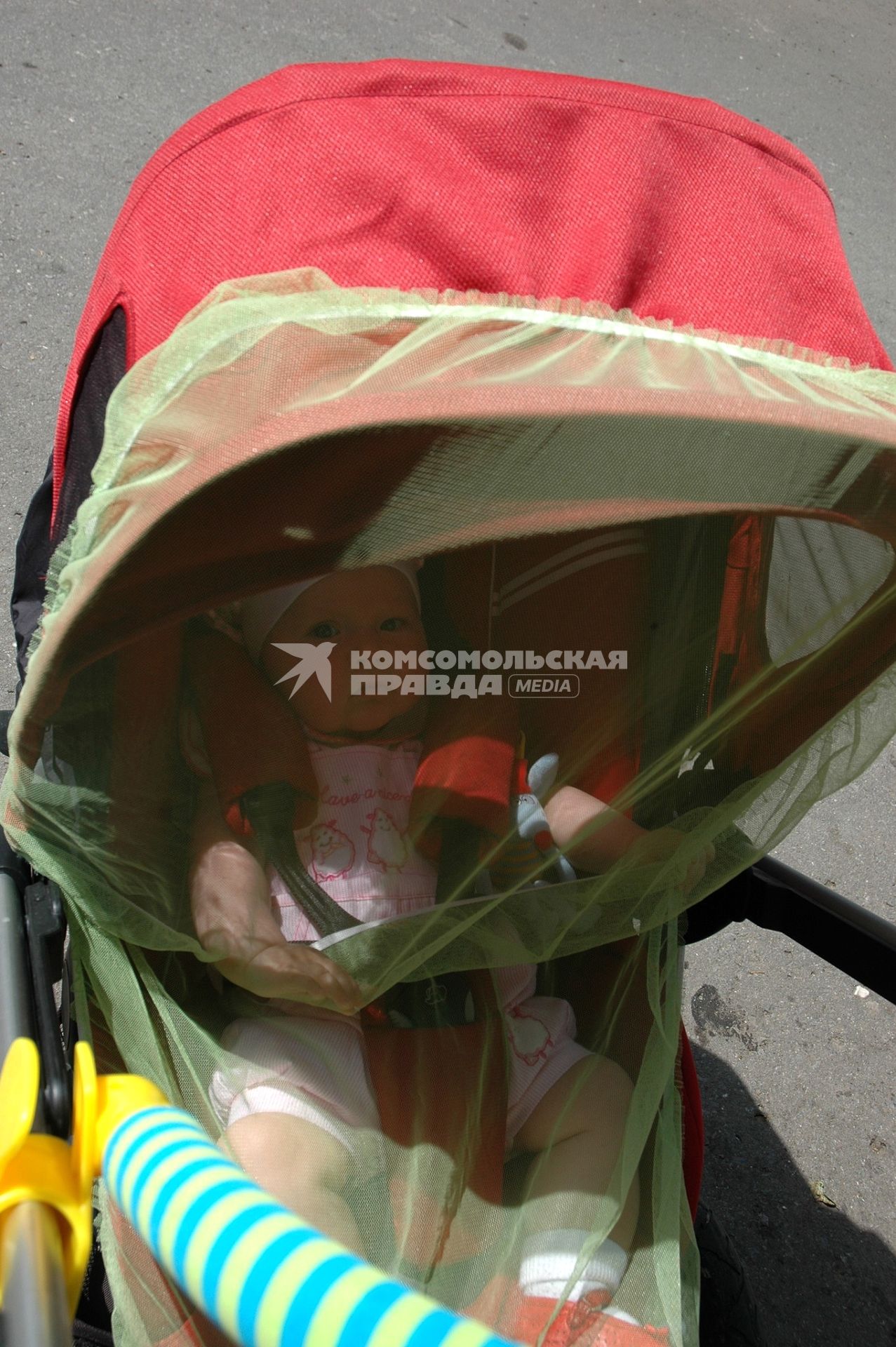Ребенок в коляске с маскитной сеткой.