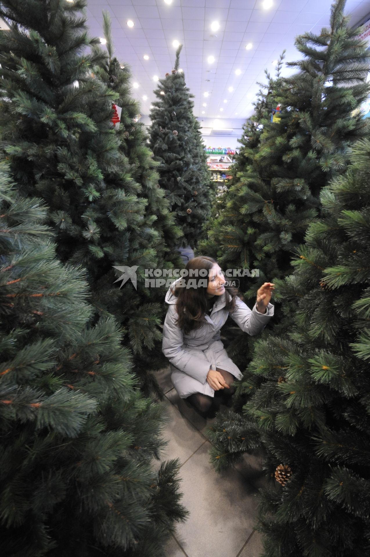 Магазин по продаже новогодних елок. На снимке: Девушка выбирает себе искусственную новогоднюю елку.