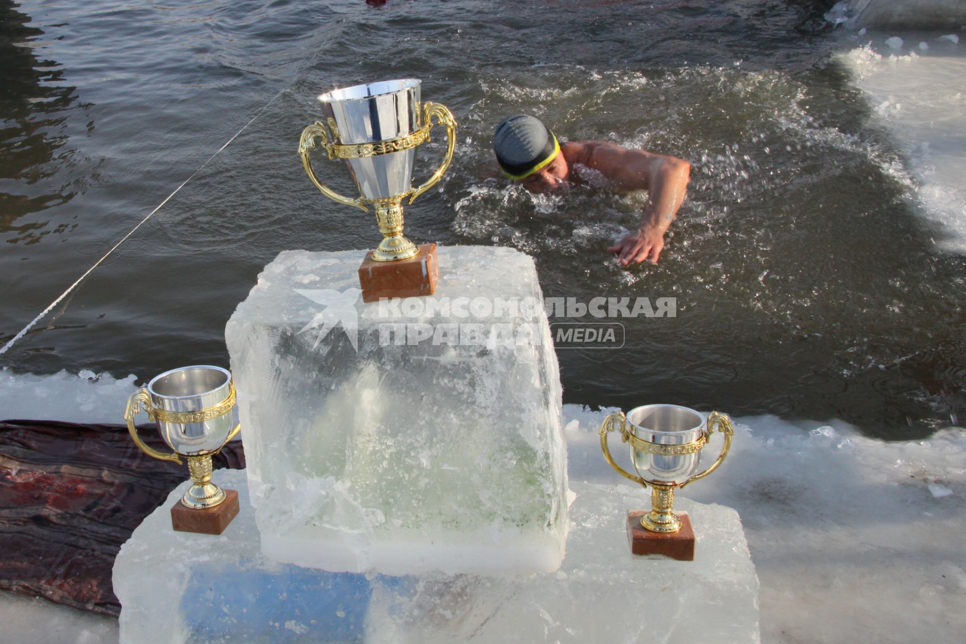 Соревнование моржей. На снимке: пловец плывет к ледяной стойке с кубками.