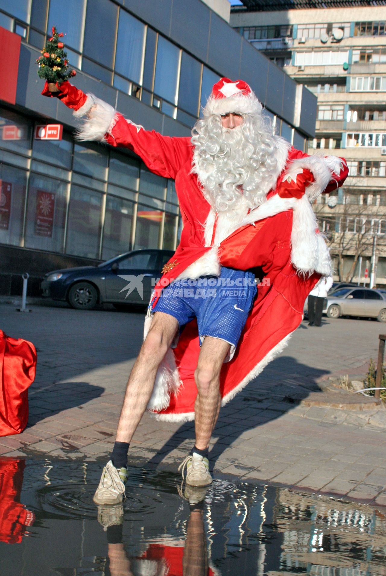 Мужчина переодетый в Деда Мороза в шортах летом с новогодней елкой в руках пытается прокатится по луже.