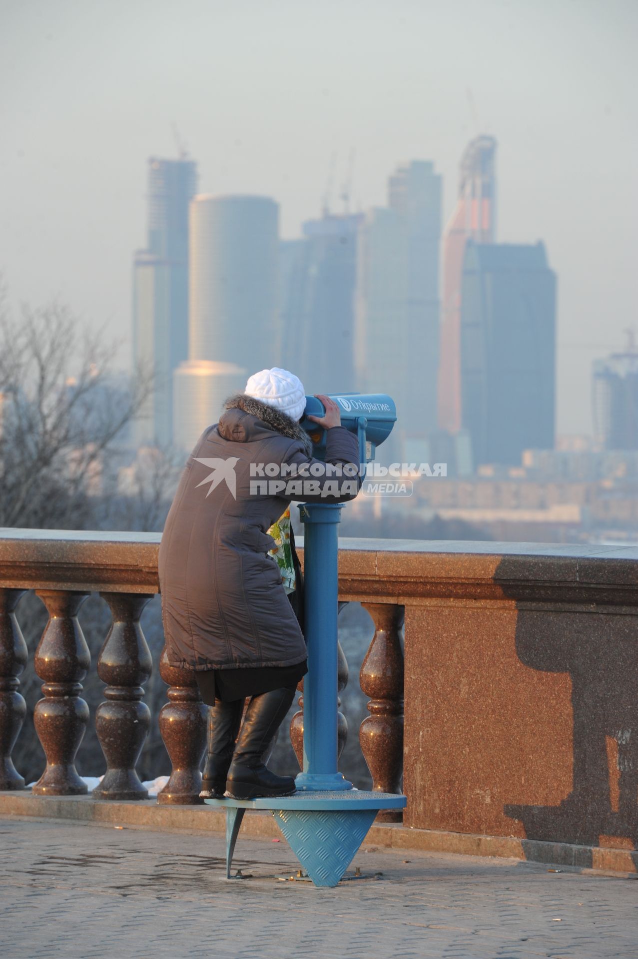 Воробьевы горы. На смотровой площадке городские власти установили пять стационарных биноклей. На снимке: бесплатный стационарный бинокль и женщина.