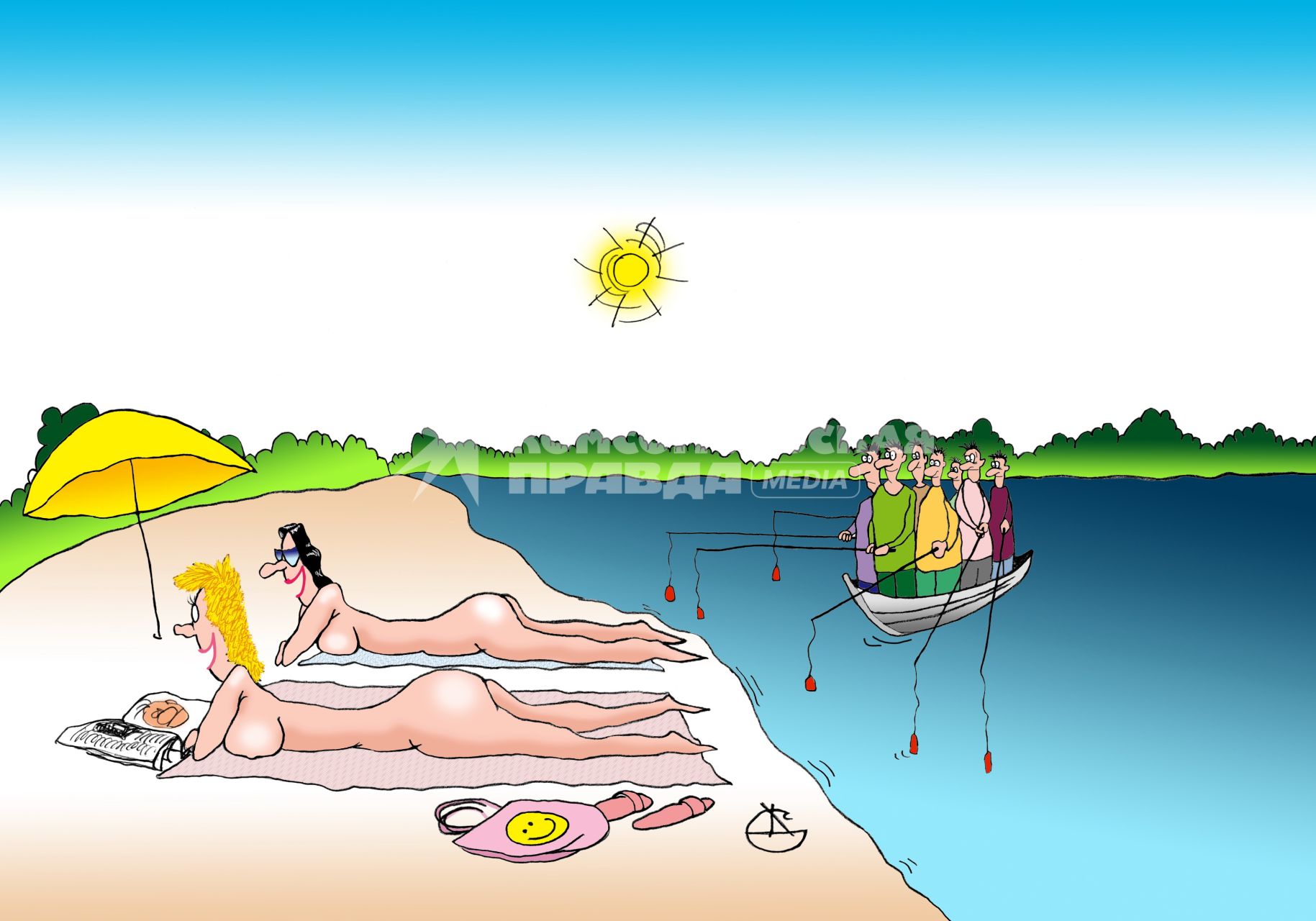 Рыбаки с лодки наблюдают за загорающими женщинами на пляже. ВНИМАНИЕ! Рисунок принадлежит ЗАО `ИД `Комсомольская правда`. Гонорар автору не расписывать.