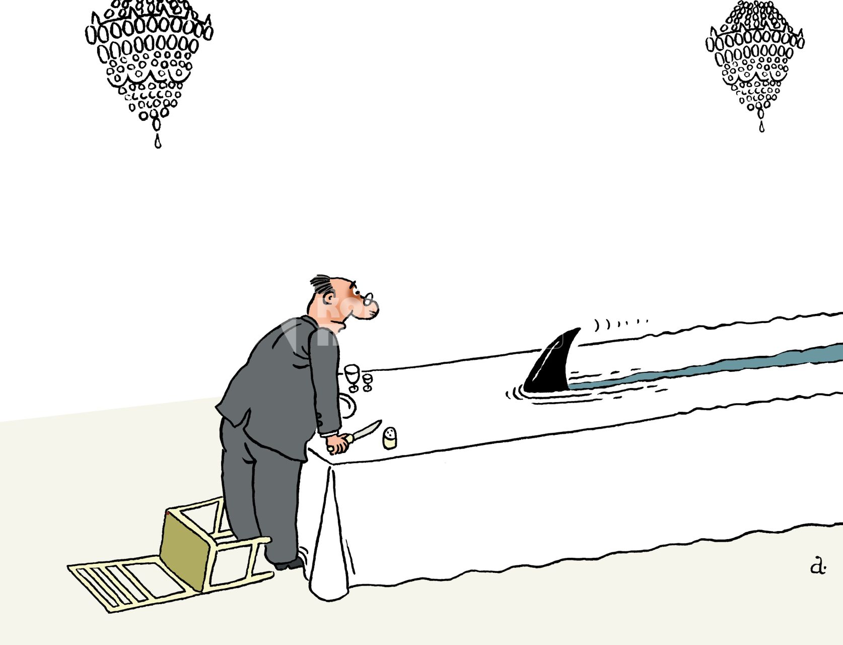 Акула на столе. ВНИМАНИЕ! Рисунок принадлежит ЗАО `ИД `Комсомольская правда`. Гонорар автору не расписывать.