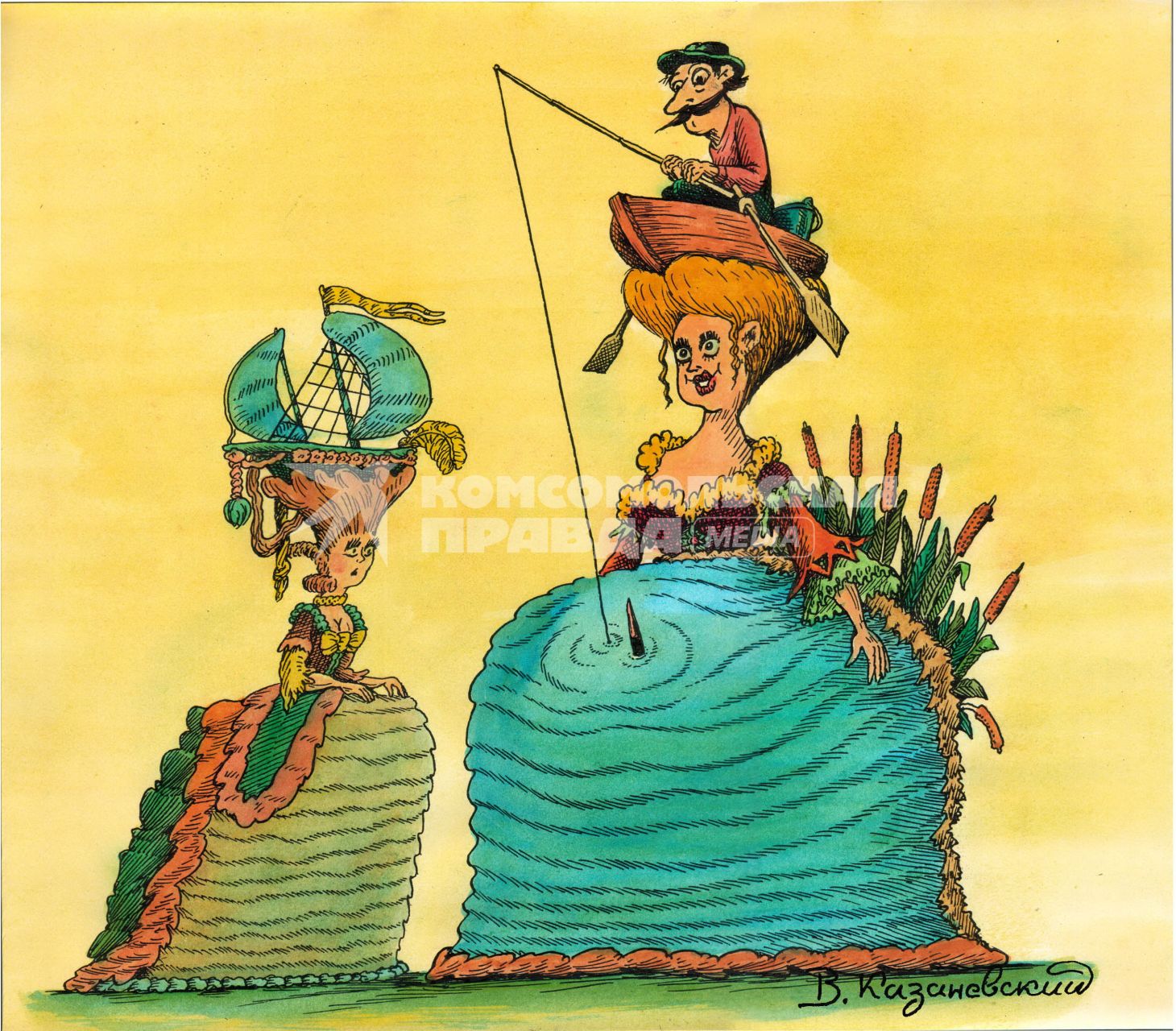 Шляпка у женщины в виде рыбака на лодке ловящего рыбу. ВНИМАНИЕ! Рисунок принадлежит ЗАО `ИД `Комсомольская правда`. Гонорар автору не расписывать.