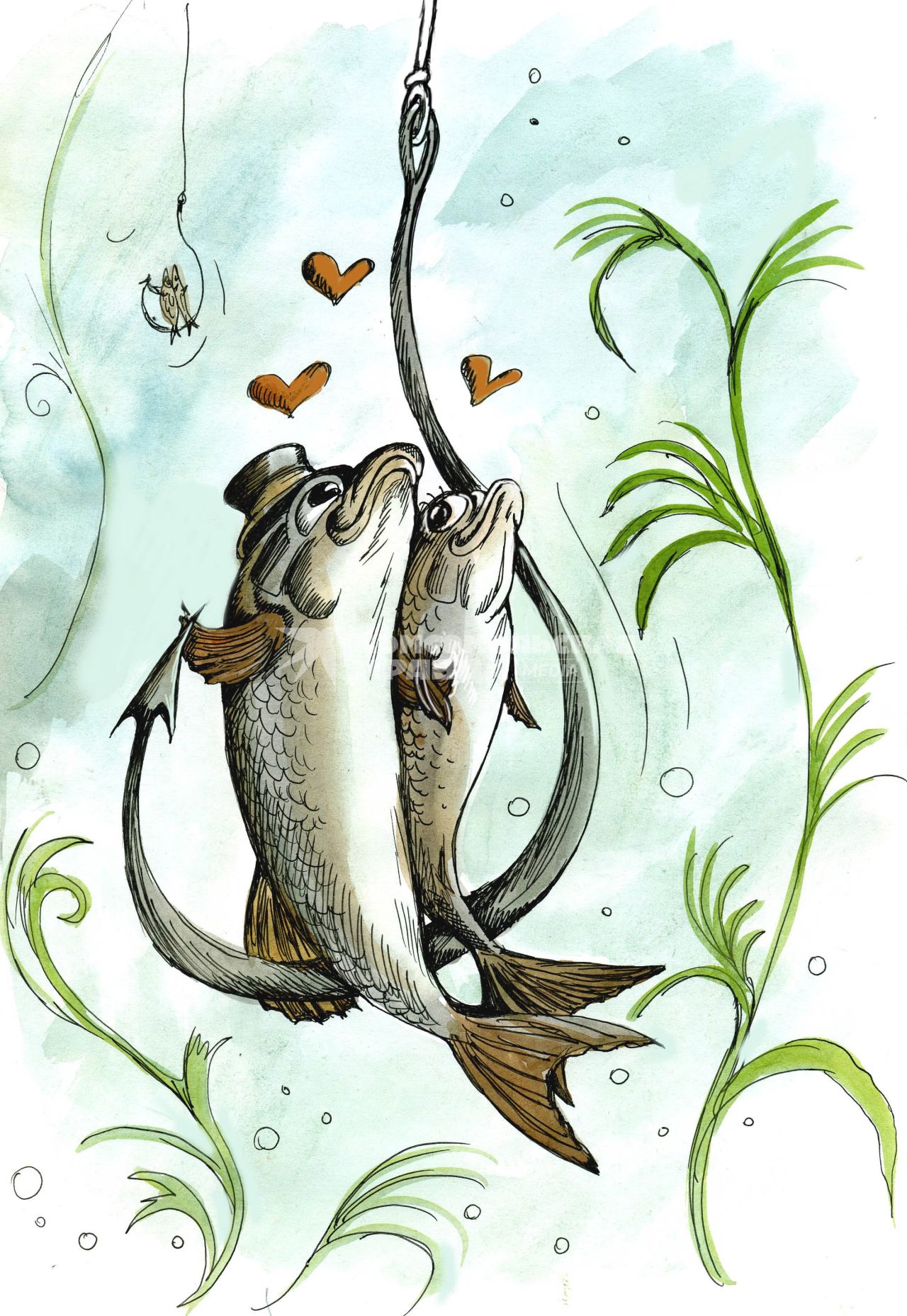 Две влюбленные рыбы на крючке. ВНИМАНИЕ! Рисунок принадлежит ЗАО `ИД `Комсомольская правда`. Гонорар автору не расписывать.