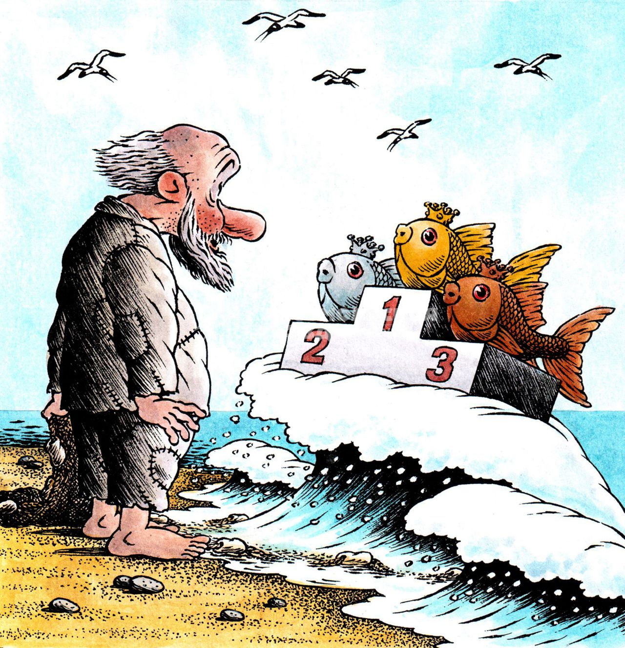 Старик выбирает золотую рыбку. ВНИМАНИЕ! Рисунок принадлежит ЗАО `ИД `Комсомольская правда`. Гонорар автору не расписывать.