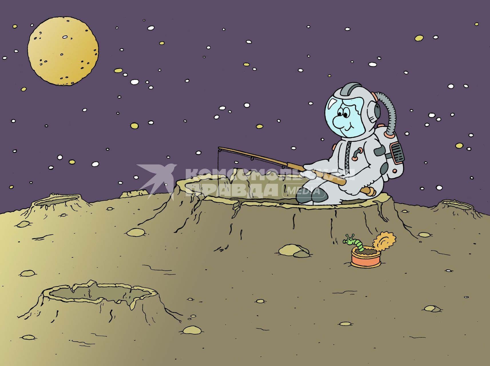 Космонавт в скафандре ловит рыбу в кратере. ВНИМАНИЕ! Рисунок принадлежит ЗАО `ИД `Комсомольская правда`. Гонорар автору не расписывать.