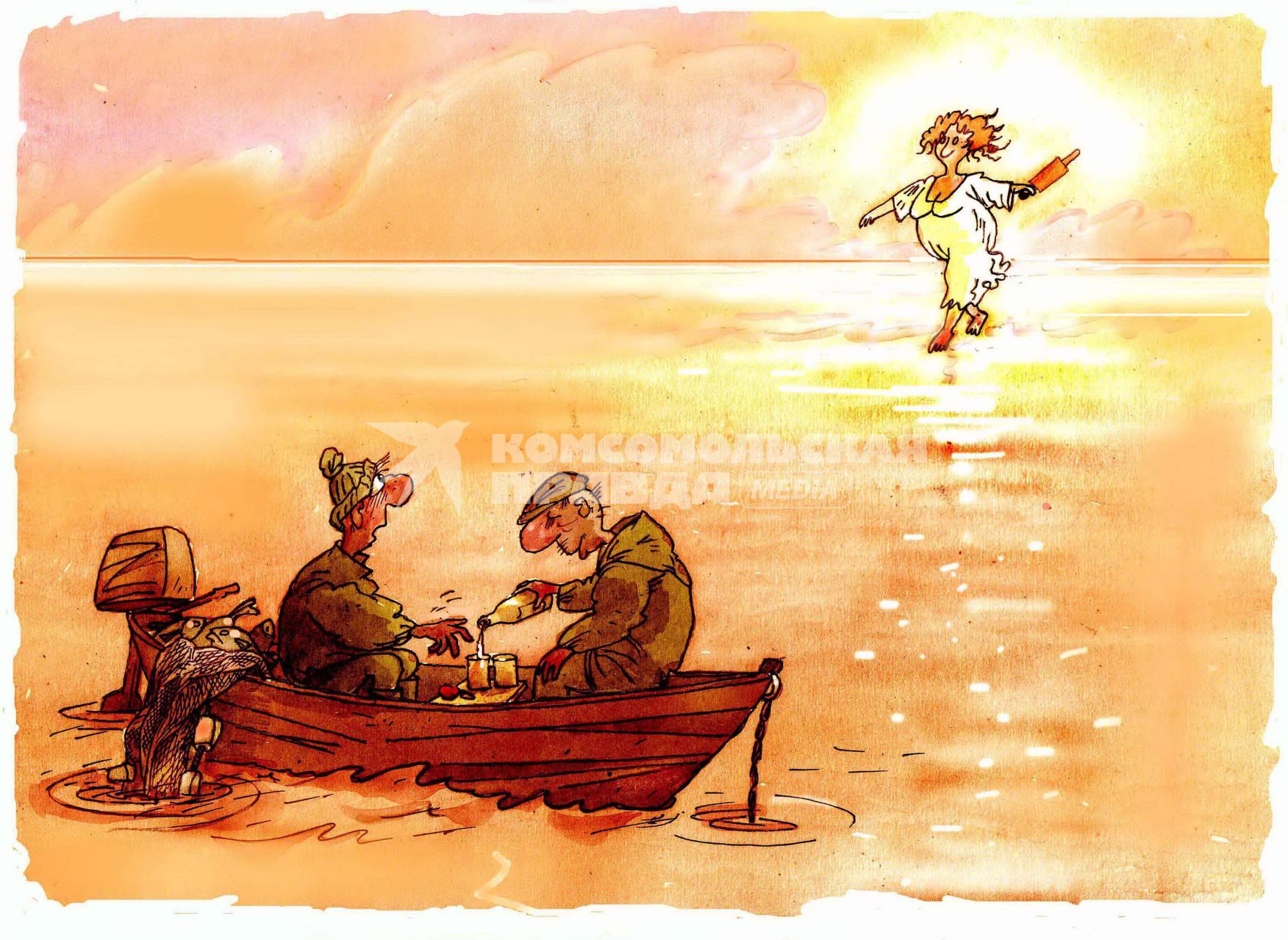 Пьющим рыбакам пригрезилась жена со скалкой. ВНИМАНИЕ! Рисунок принадлежит ЗАО `ИД `Комсомольская правда`. Гонорар автору не расписывать.