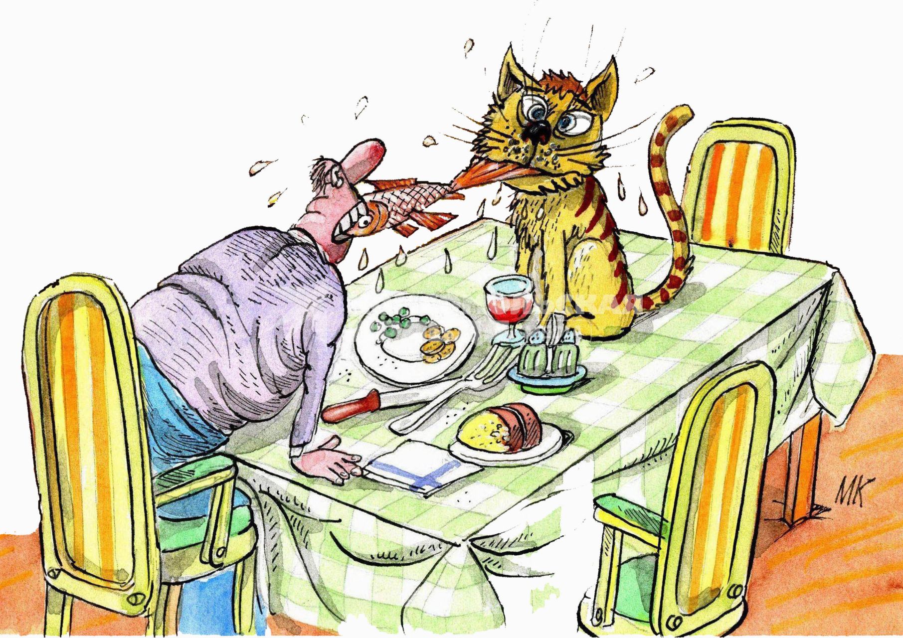 Мужик делит с кошкой рыбу. ВНИМАНИЕ! Рисунок принадлежит ЗАО `ИД `Комсомольская правда`. Гонорар автору не расписывать.