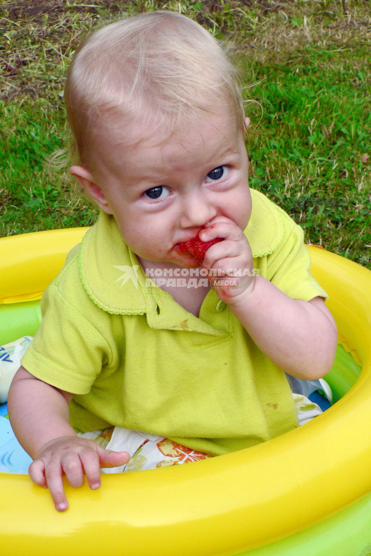 Ребенок кушает клубнику.