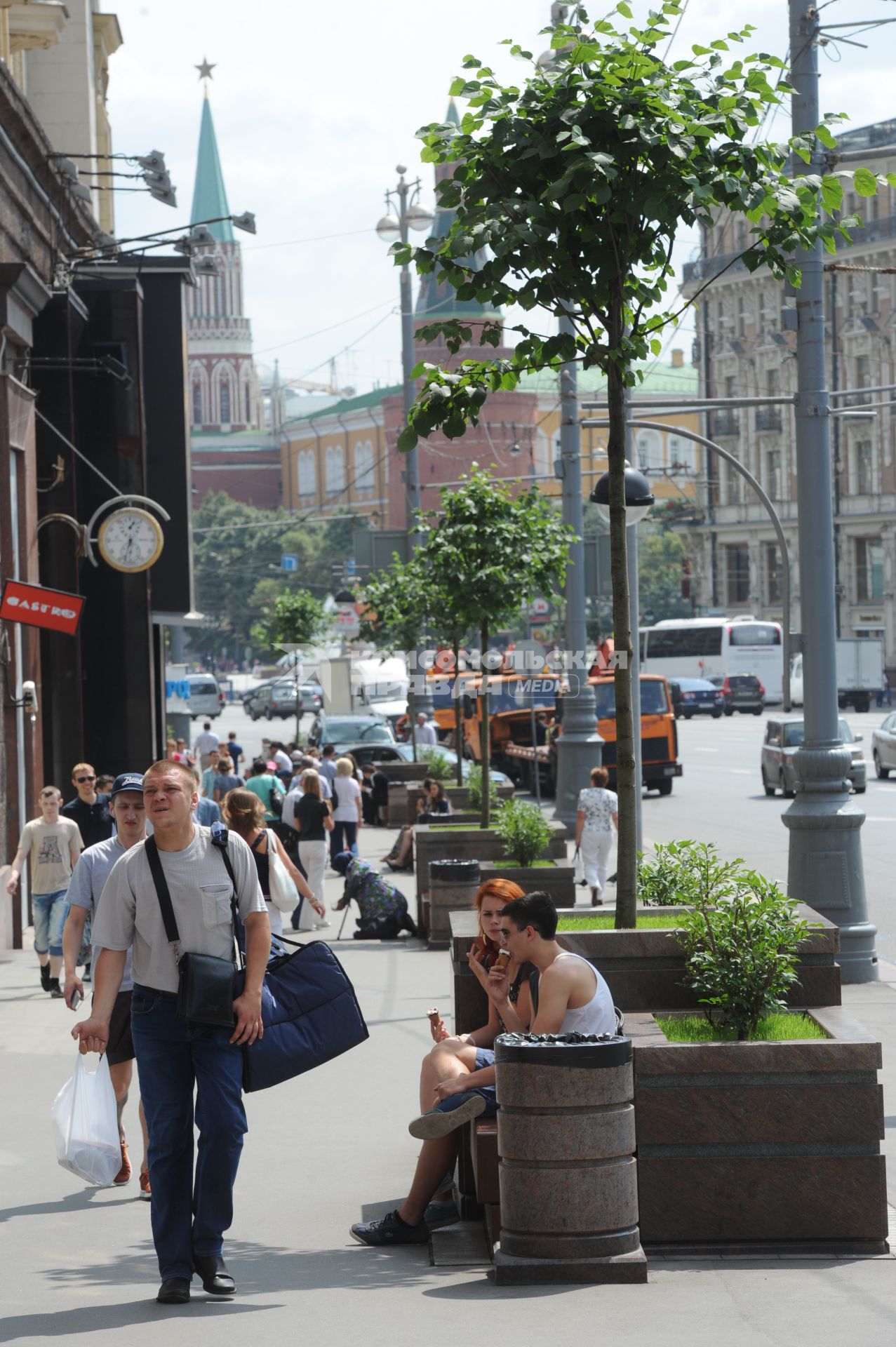 Благоустройство и озеленение Москвы. На снимке: деревья в кадках из гранита на Тверской улице.