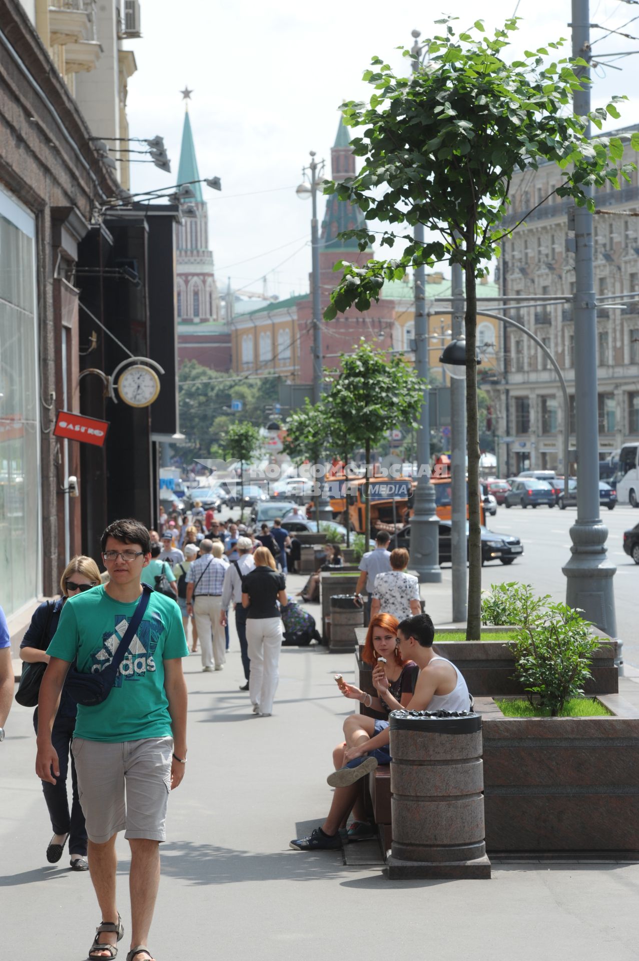 Благоустройство и озеленение Москвы. На снимке: деревья в кадках из гранита на Тверской улице.