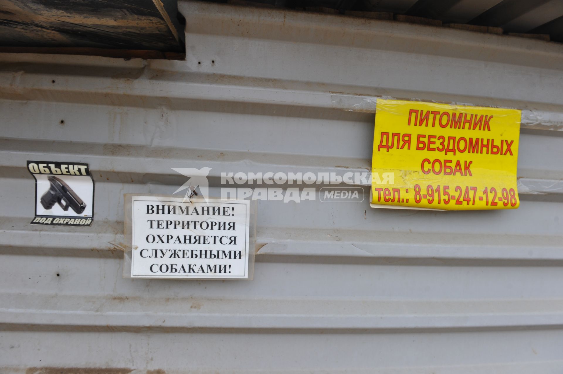 Питомник для бездомных собак и кошек в городе Пушкино. На снимке: табличка `Территория охраняется служебными собаками`.