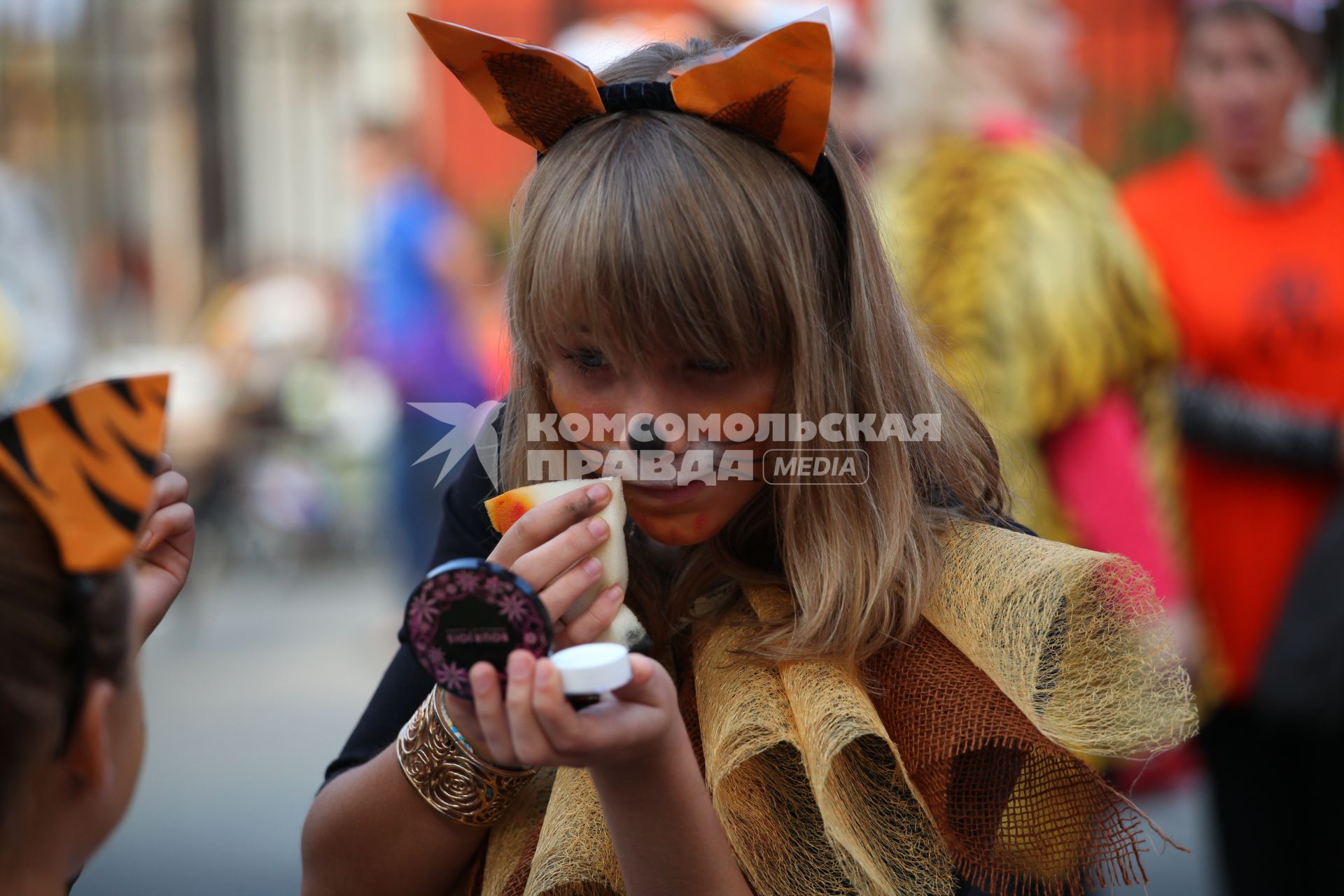 Карнавальное шествие в Владивостоке в честь празднования деня тигра. На снимке: девушка поправляет макияж тигрицы.
