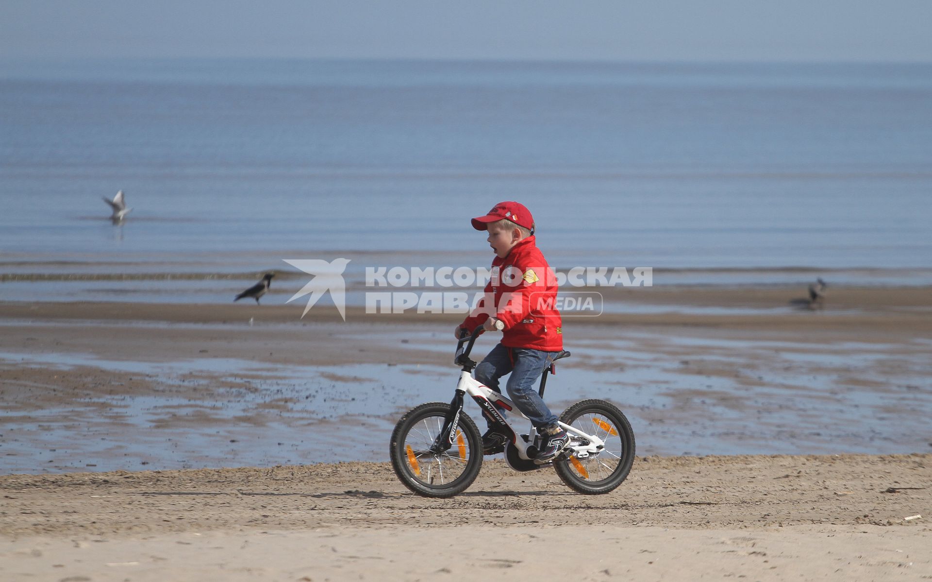 Мальчик едет на велосипеде по берегу Балтийского моря.