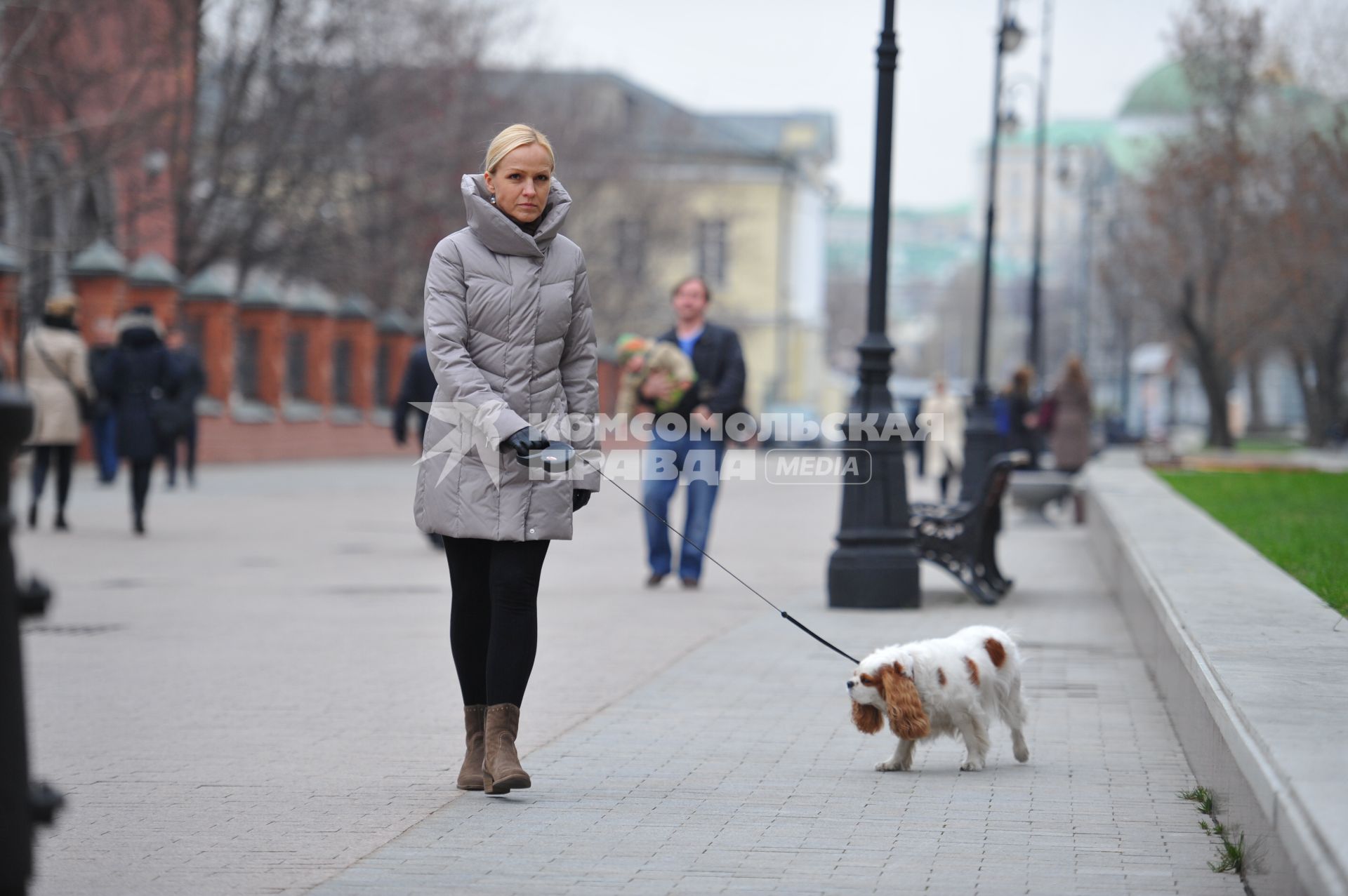 Открытие новой пешеходной зоны в районе `Замоскворечье`. Лаврушинский переулок. На снимке: женщина выгуливает собаку.
