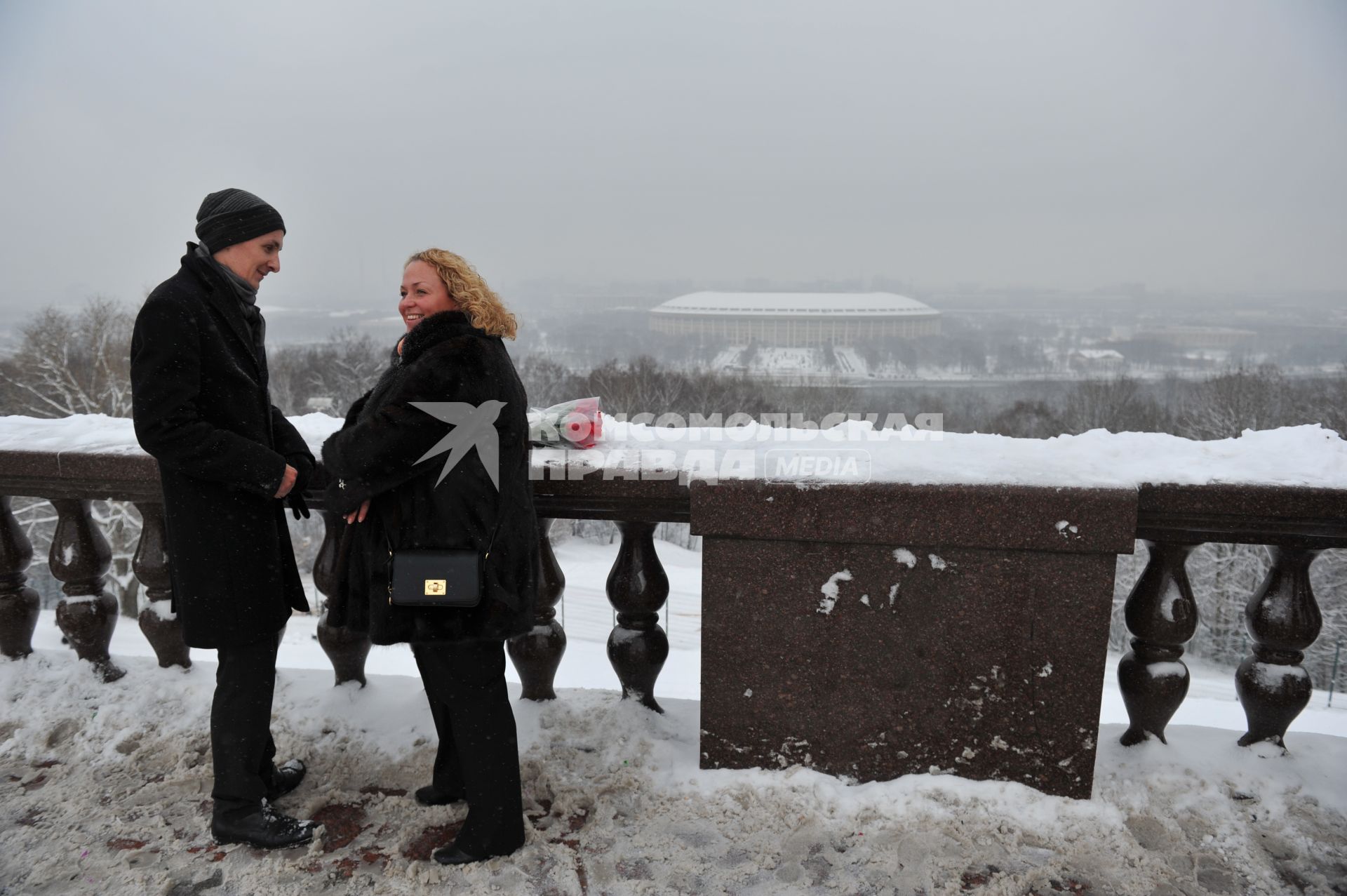 Снег в Москве. На снимке: вид со смотровой площадки на СК `Лужники`.