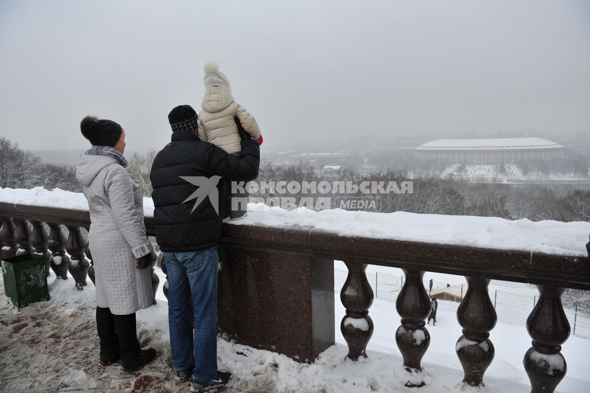 Снег в Москве. На снимке: вид со смотровой площадки на СК `Лужники`.