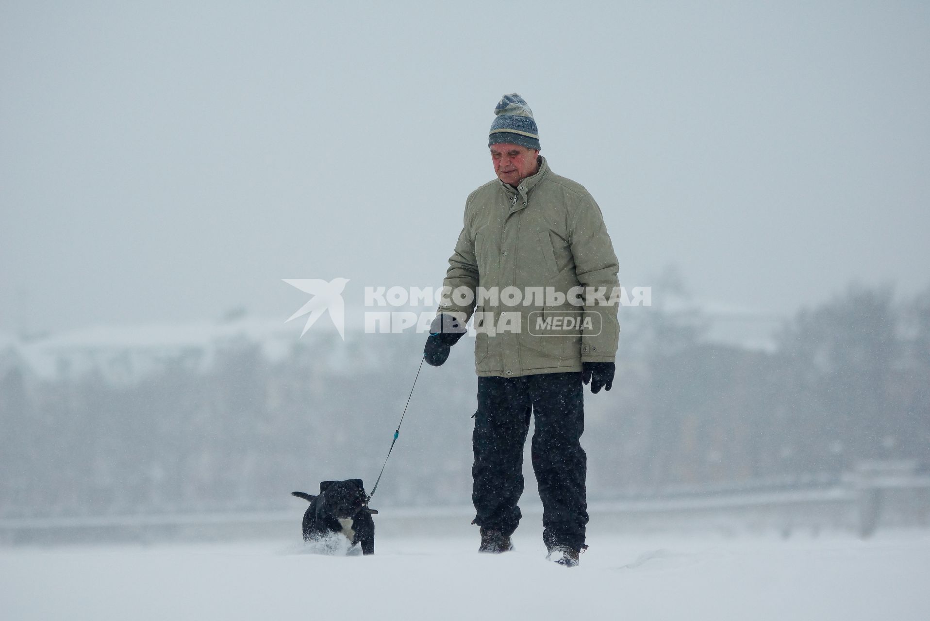 Снегопад в Екатеринбурге. На снимке: мужчина выгуливает собаку.