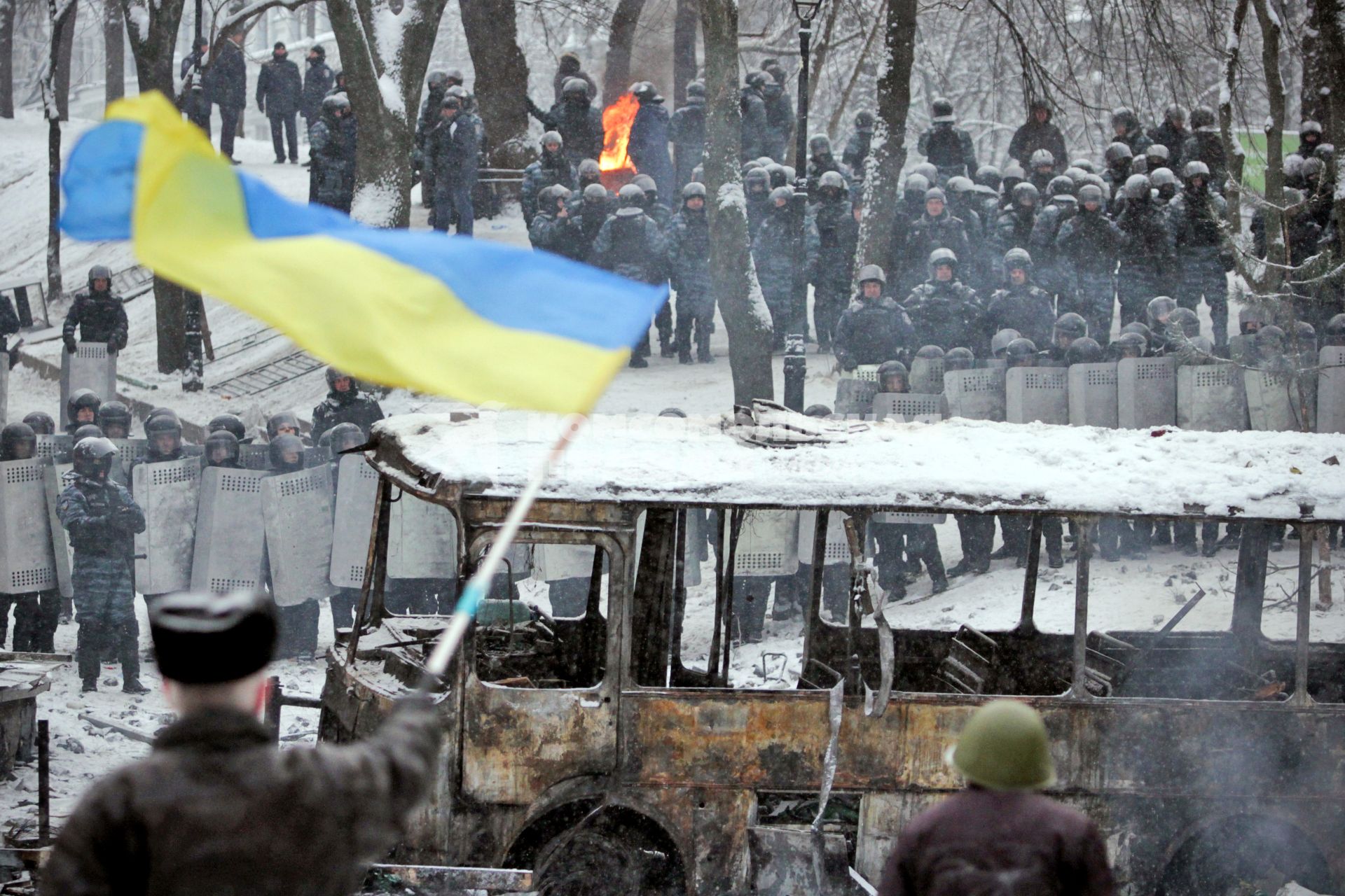 Протестующий машет флагом украины напротив скопления бойцов специального подразделения `Беркут`.