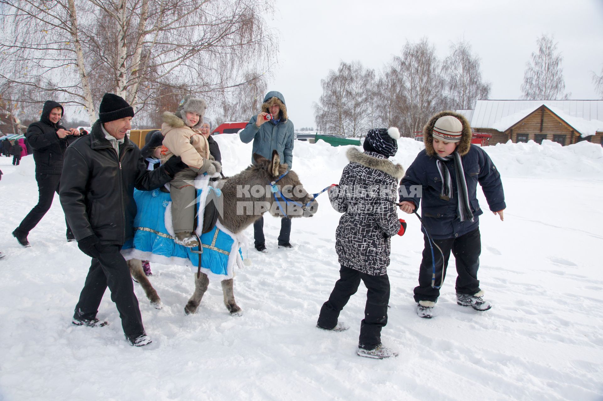 Масленичные гулянья в Суздали. Ребнка катают на осле.