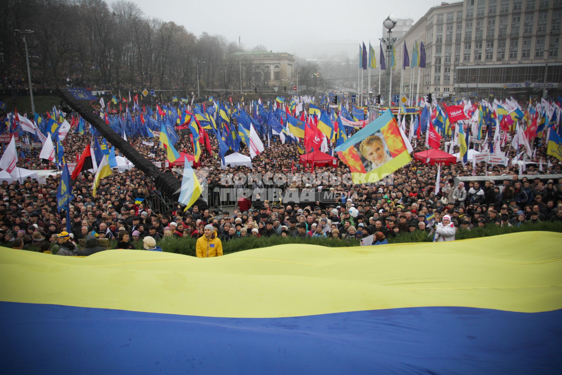 Евромайдан. Акция сторонников евроинтеграции Украины. Площадь Независимости.  На снимке  колонна митингующих.