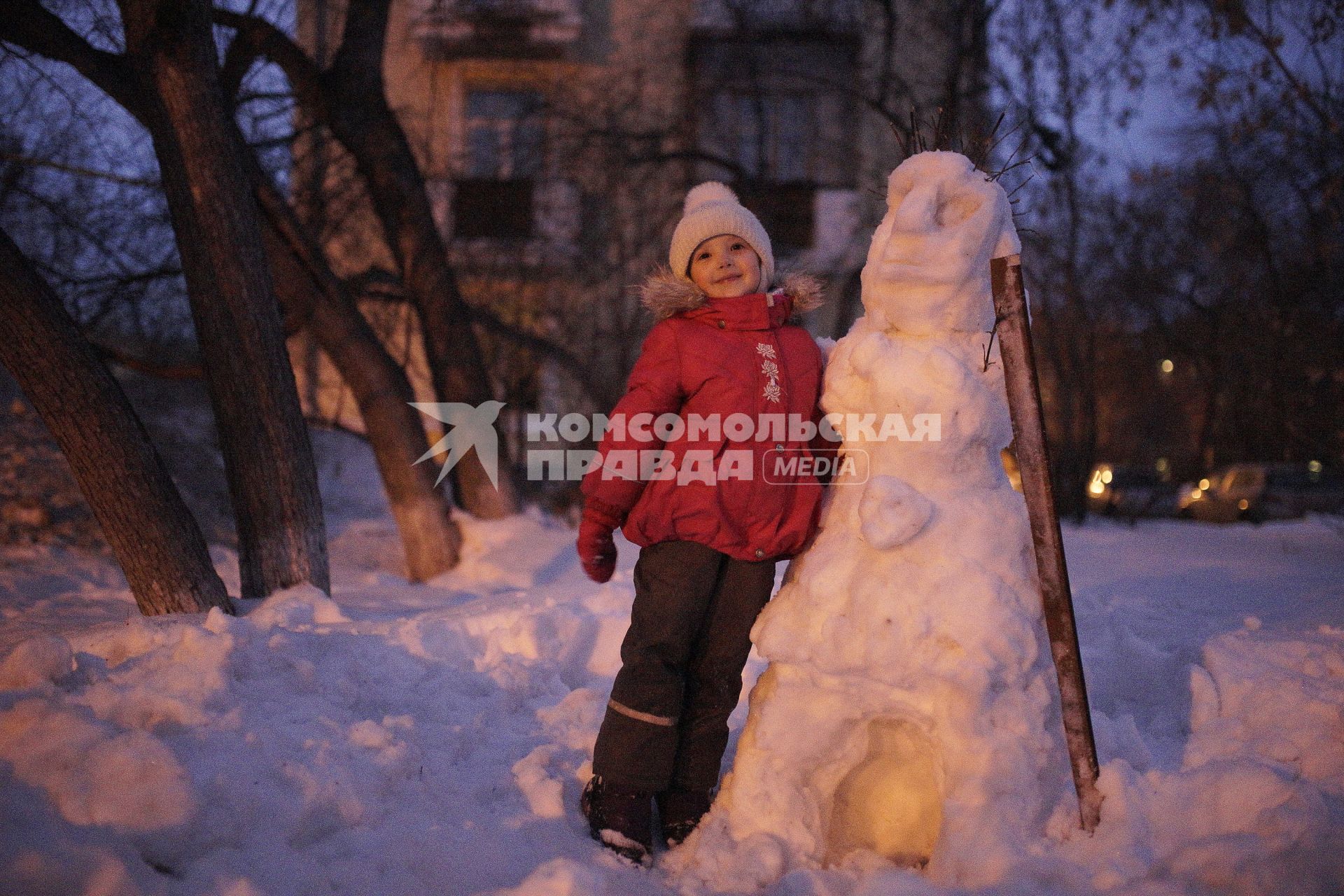 Девочка рядом со снеговиком.