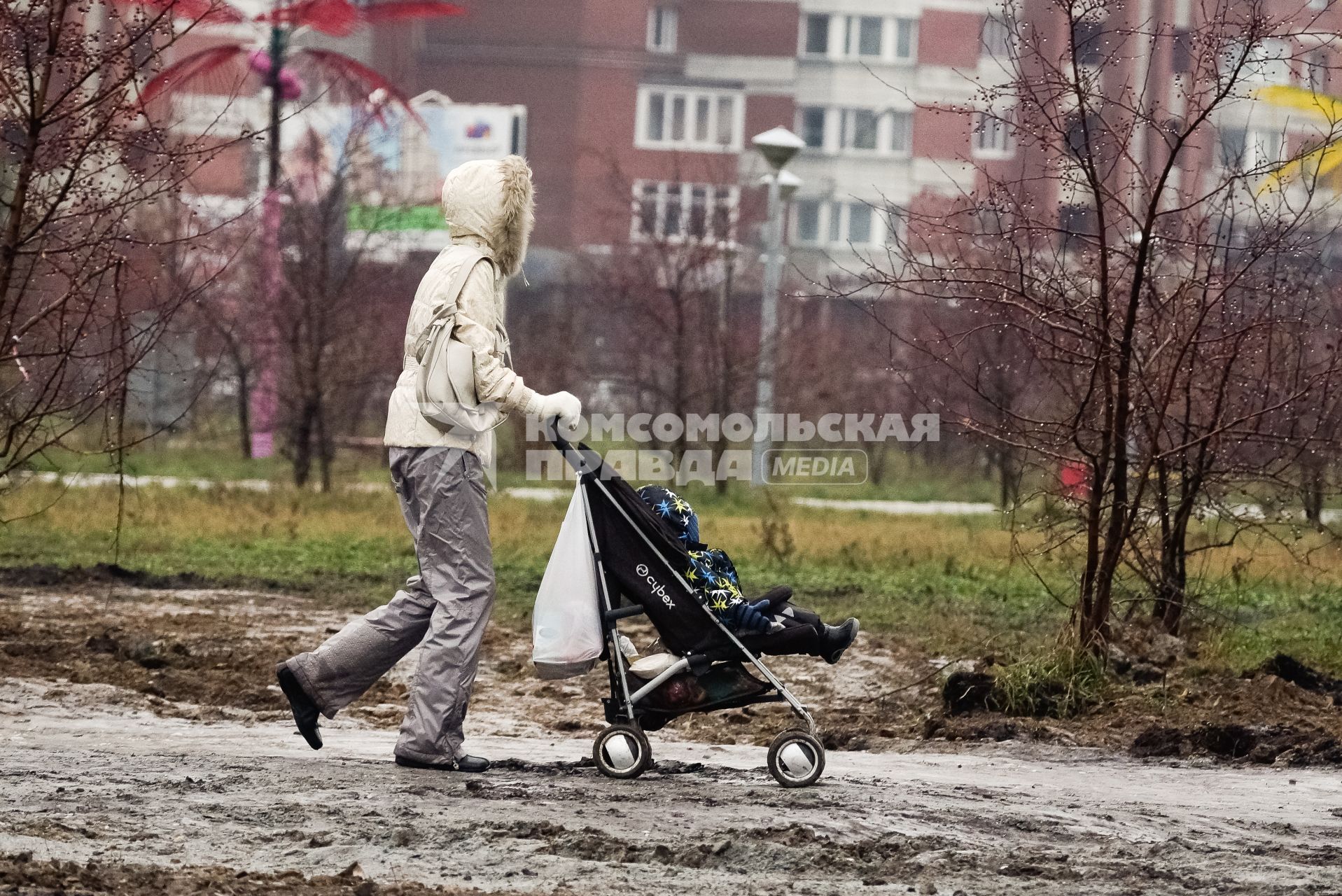 Женщина с ребенком в детской коляске идет по парку.