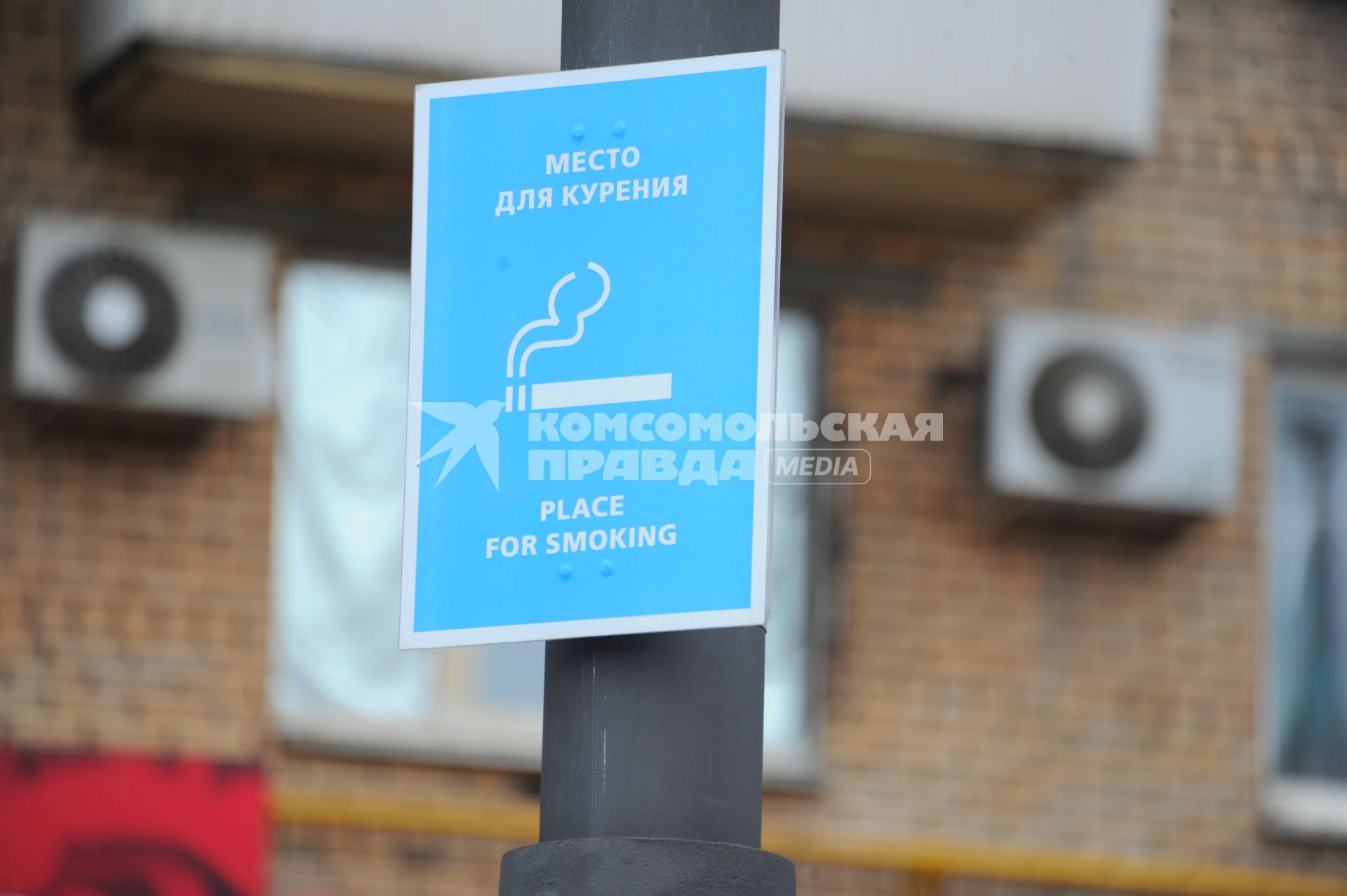 Рейд на Ярославском вокзале по борьбе с курильщиками в общественных местах. На снимке6 табличка `Место для курения`.