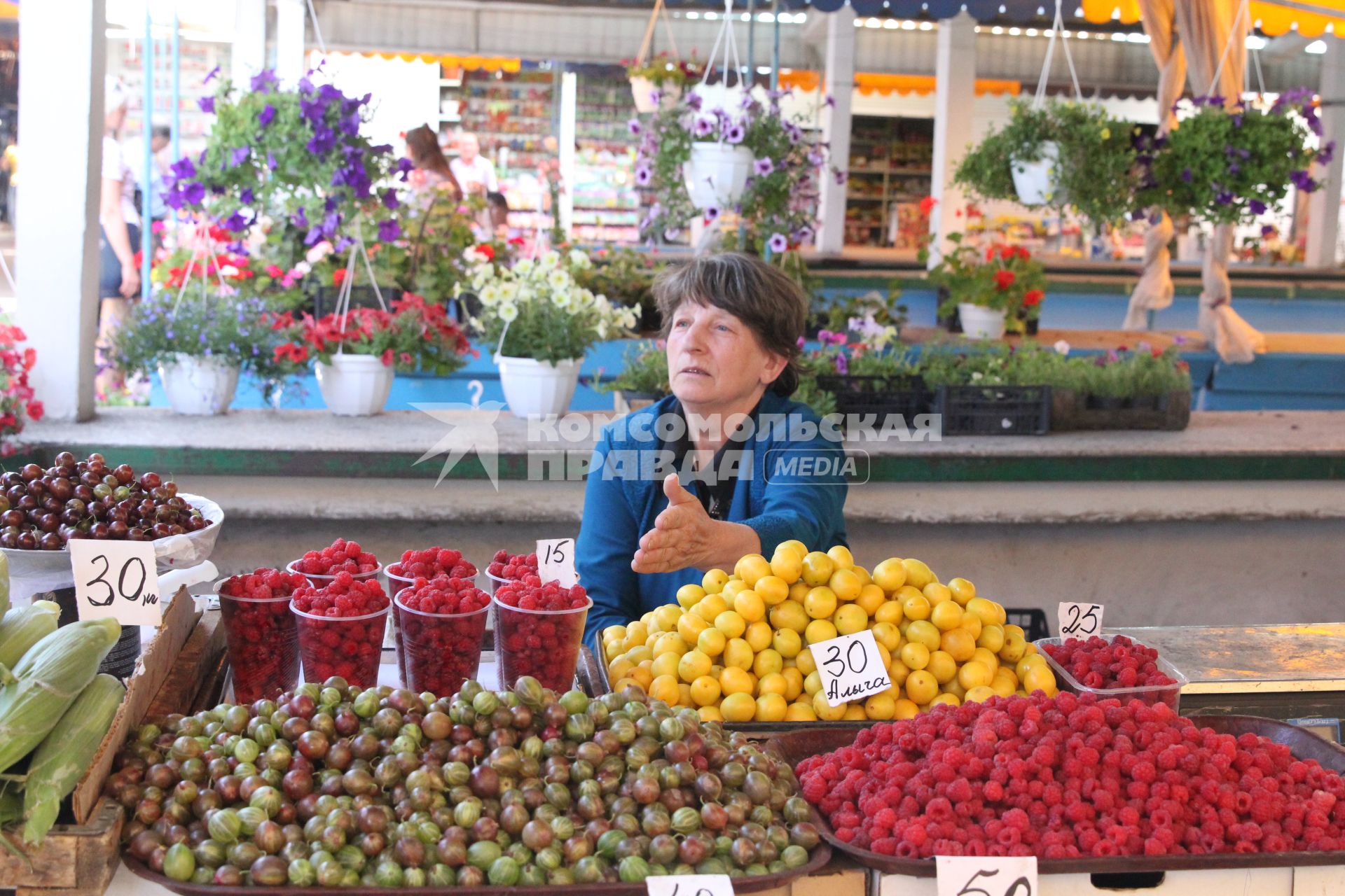 Луганск. На снимке: продавщица ягод и фруктов на Луганском рынке.