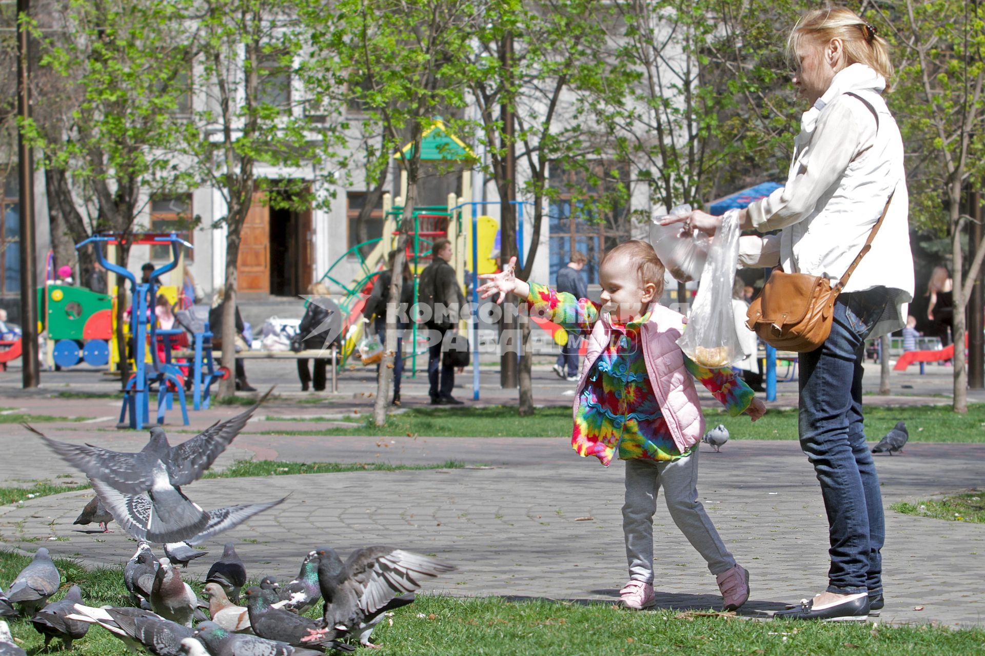 Женщина с ребенком кормят на улице голубей.