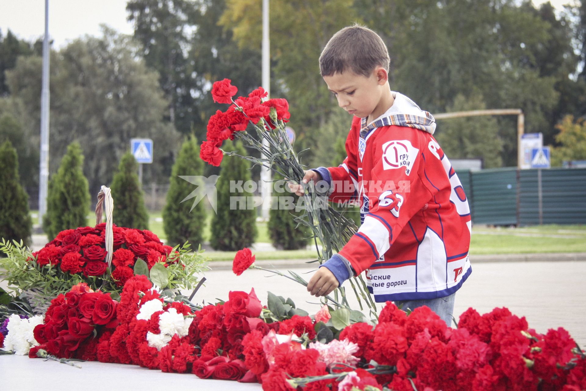 Ребенок с цветами у мемориала погибшим хоккеистам.