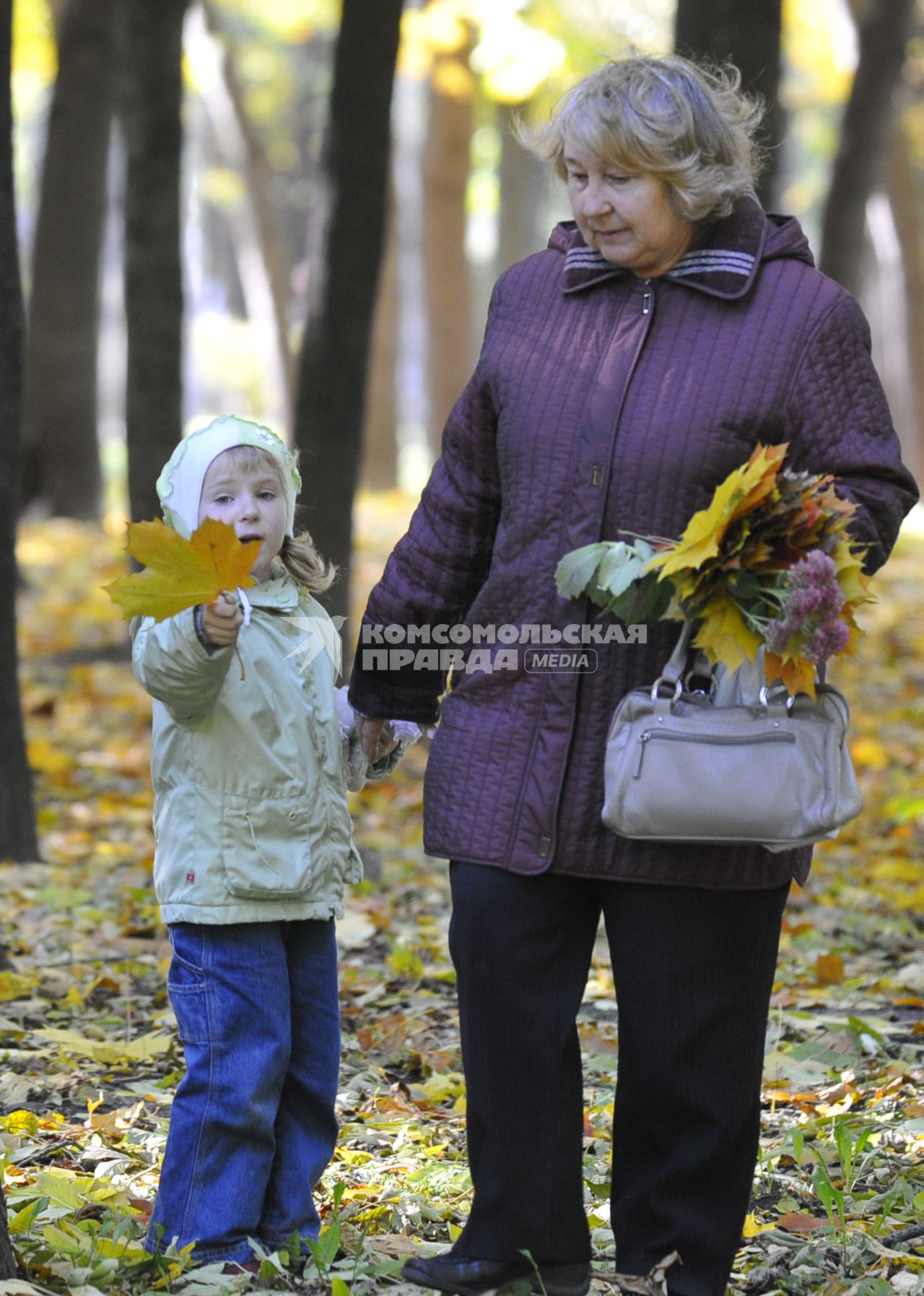 Женщина и девочка собирают осенную листву в парке.