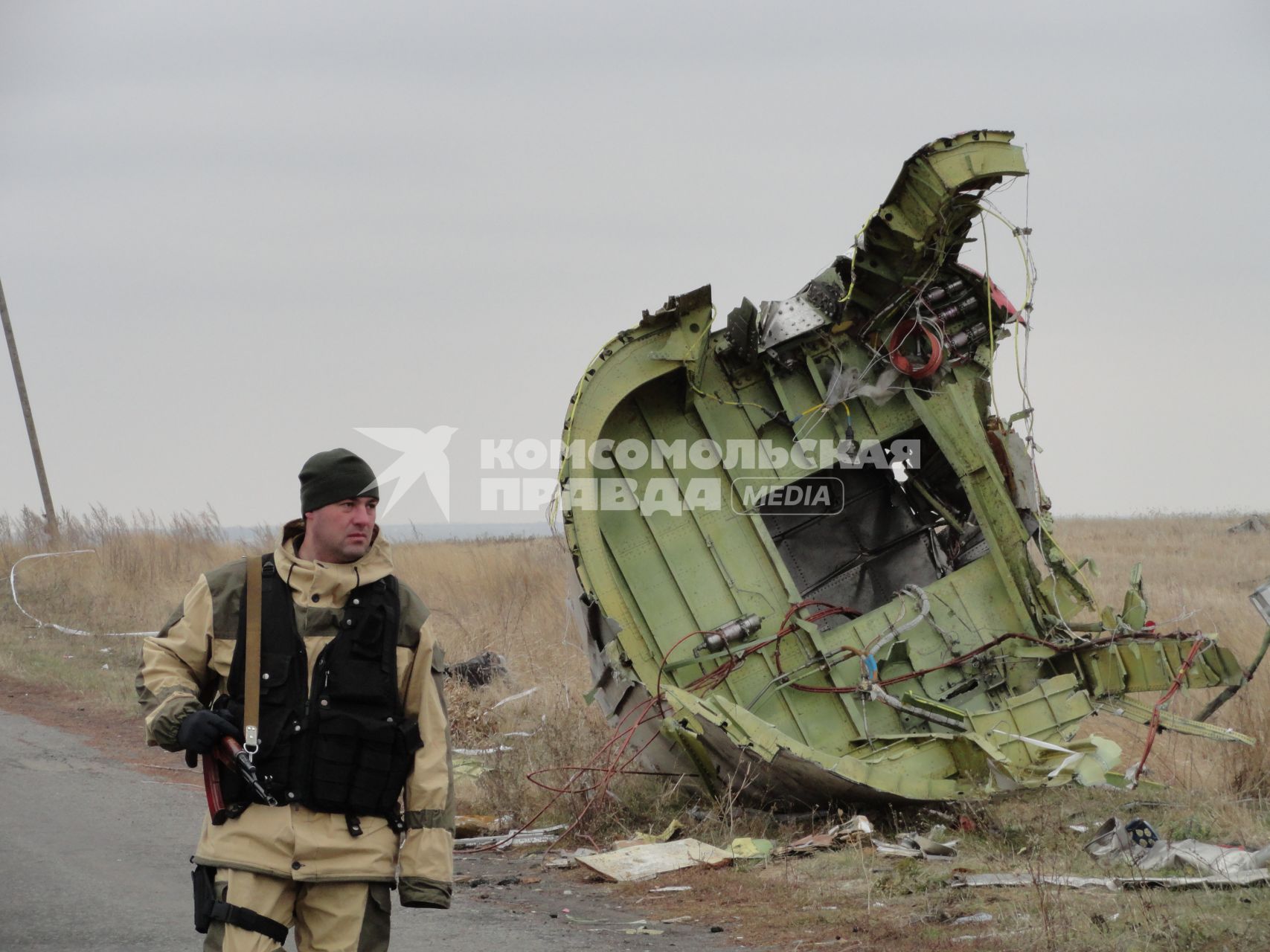 Место крушения малайзийского самолета Boeing, выполнявшего рейс MH17 Амстердам - Куала-Лумпур. На снимке: обломки самолета.