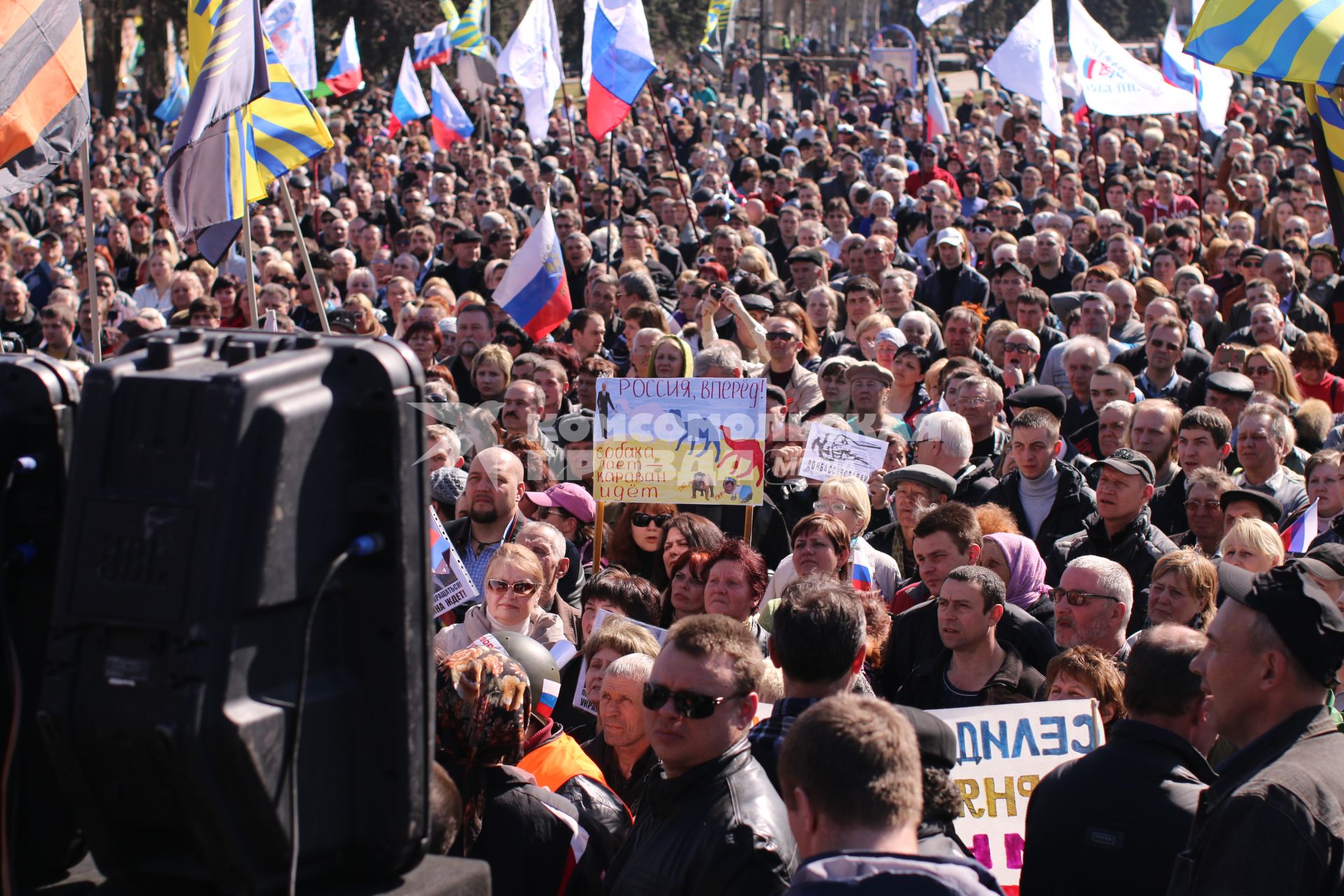 Донецк. Пророссийский митинг, организованный партией `Русский блок`. На снимке: митингующие держат плакат `Россия вперед!`.